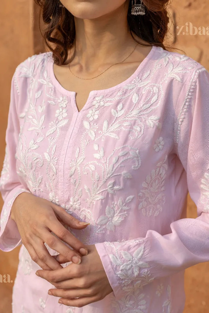 Aiyana Modal Blush Pink Long Chikankari Kurti