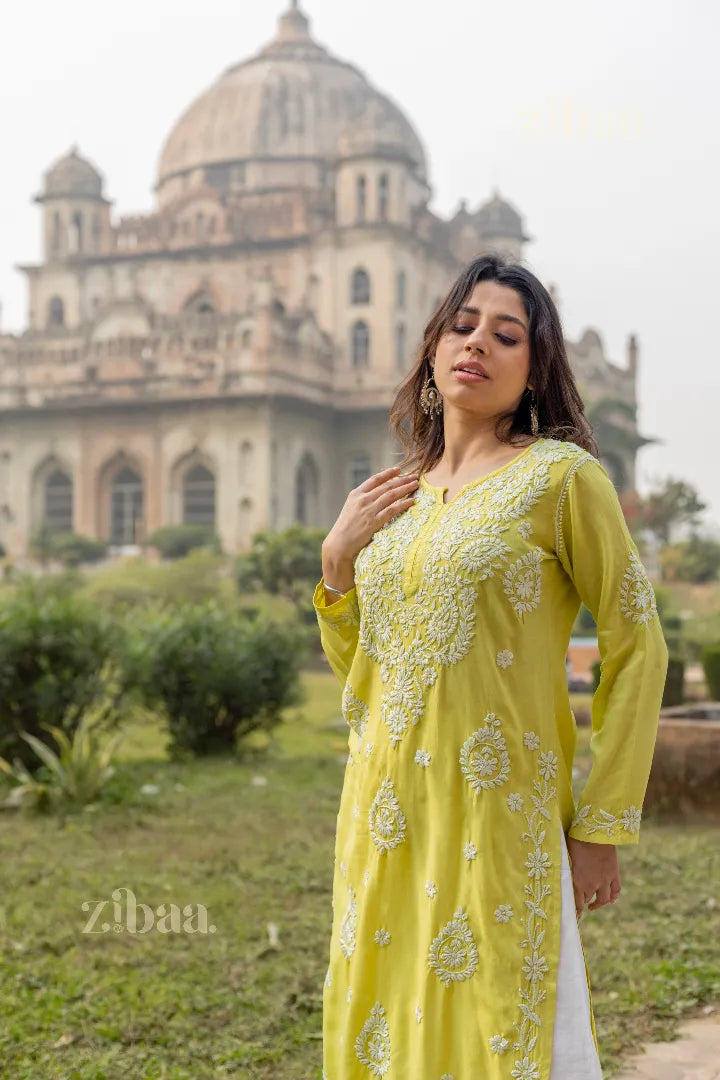 Aiyana Modal Olive Green Long Chikankari Kurti