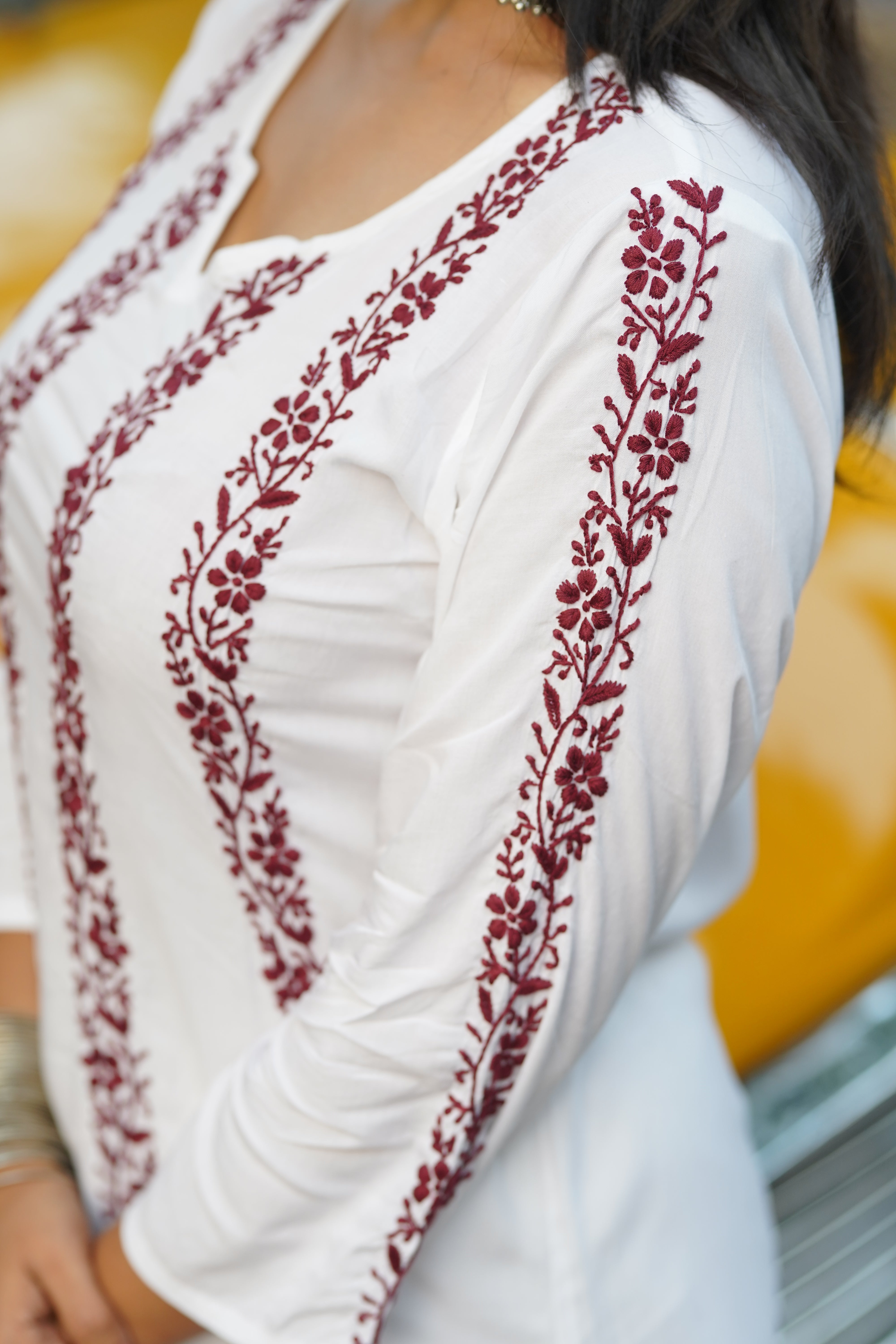 Husn Modal White Chikankari Kurti With Maroon Bel