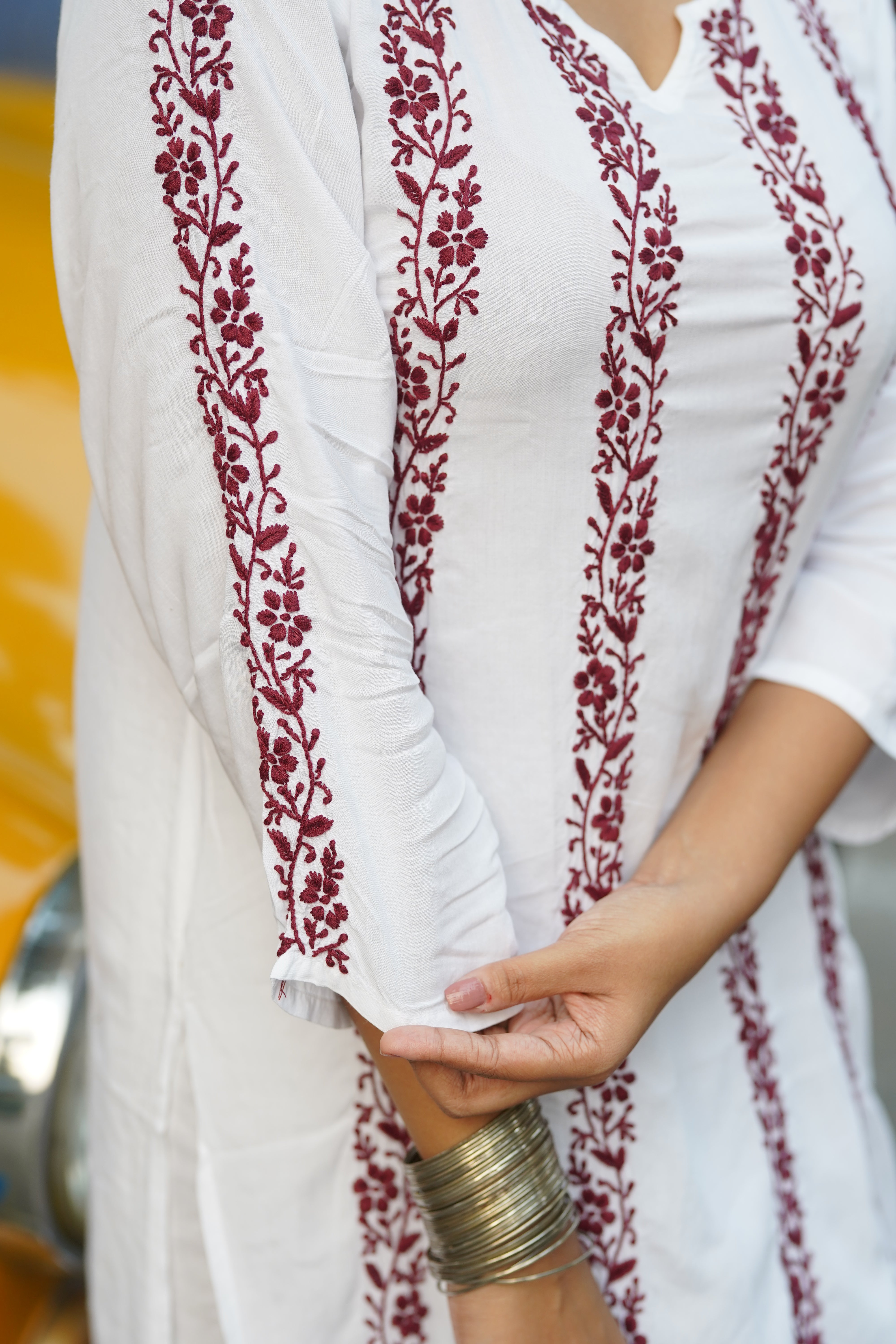 Husn Modal White Chikankari Kurti With Maroon Bel