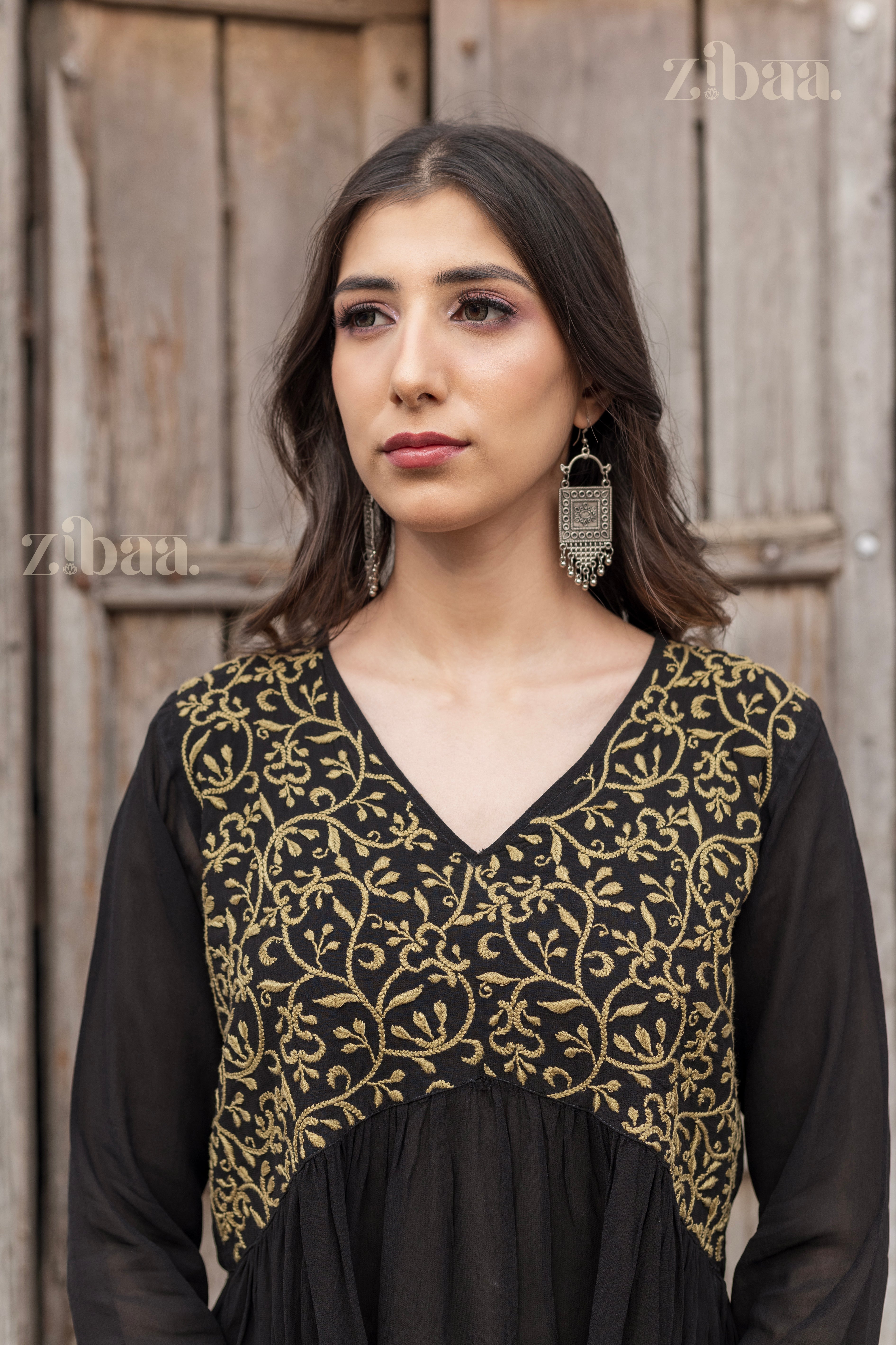 Evara Black Georgette Nyra Cut Chikankari Kurti