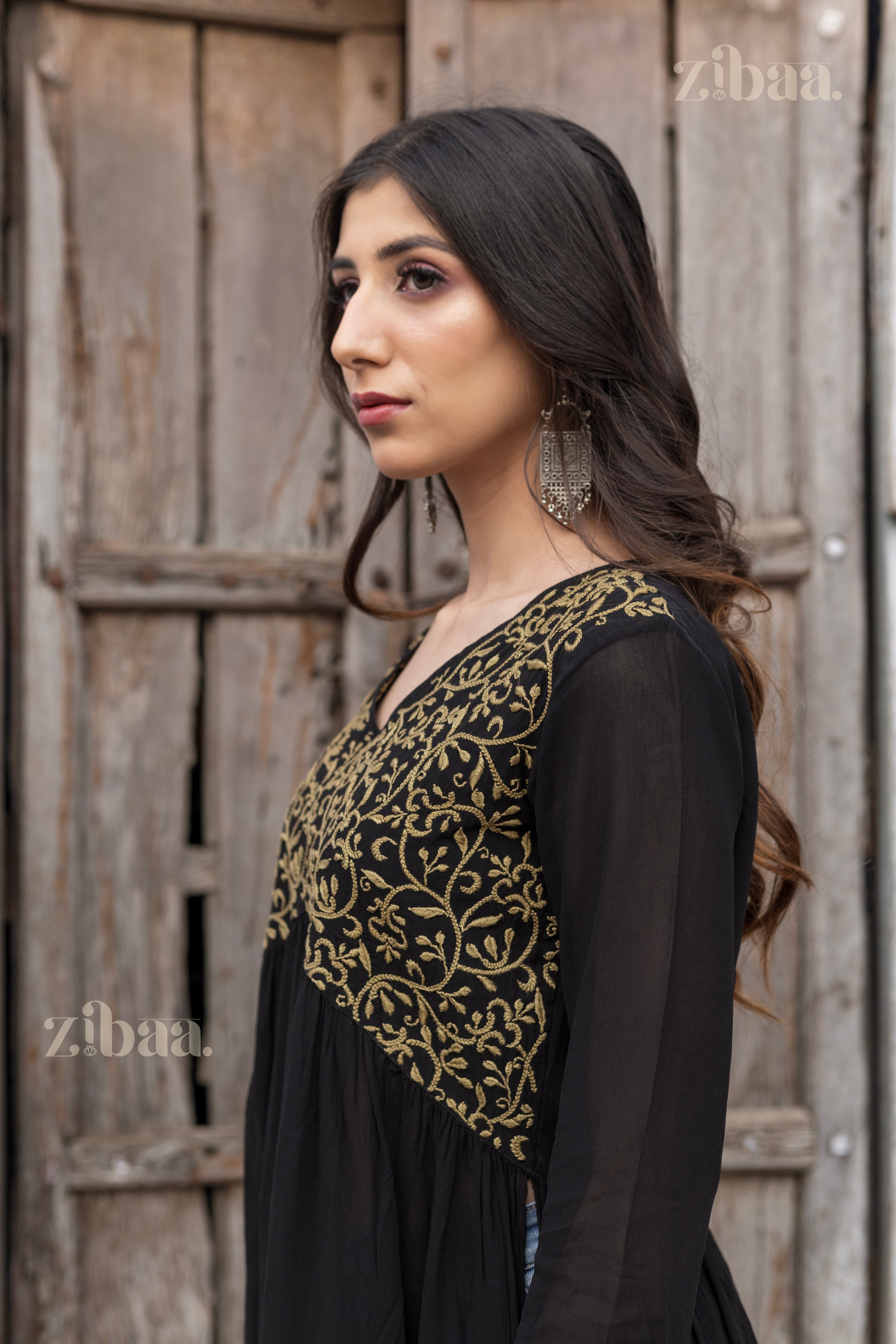 Evara Black Georgette Nyra Cut Chikankari Kurti