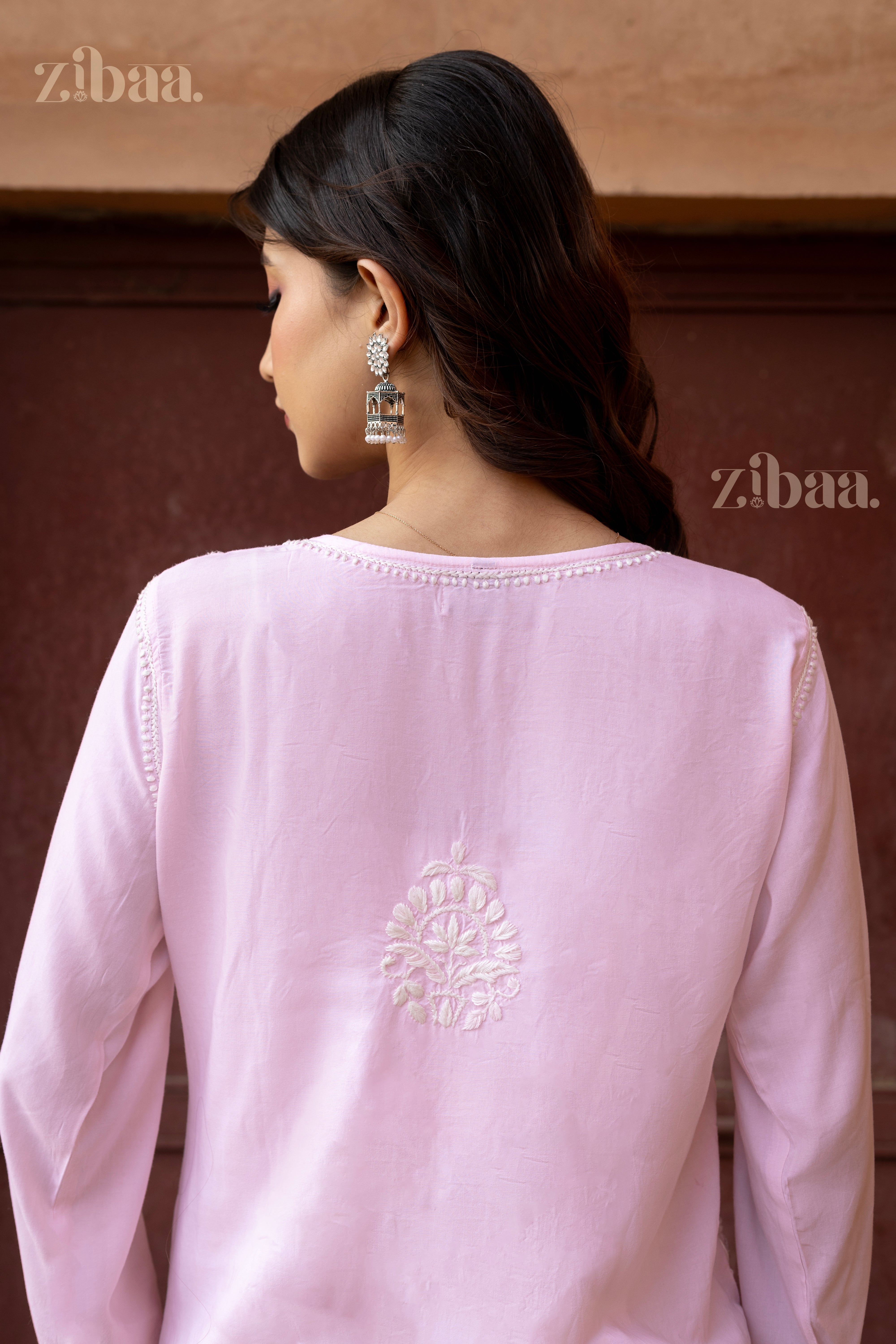 Aiyana Modal Blush Pink Long Chikankari Kurti