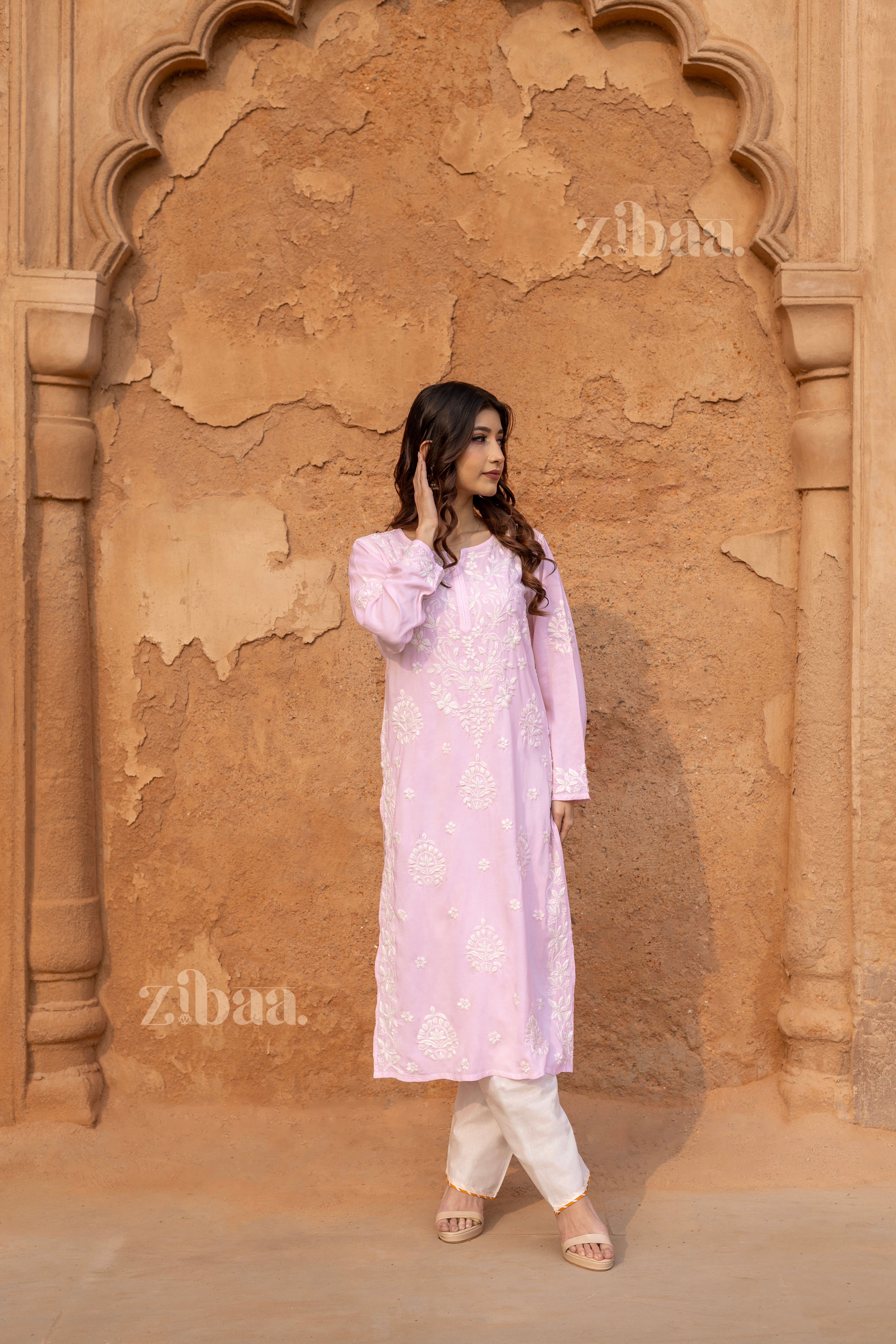 Aiyana Modal Blush Pink Long Chikankari Kurti