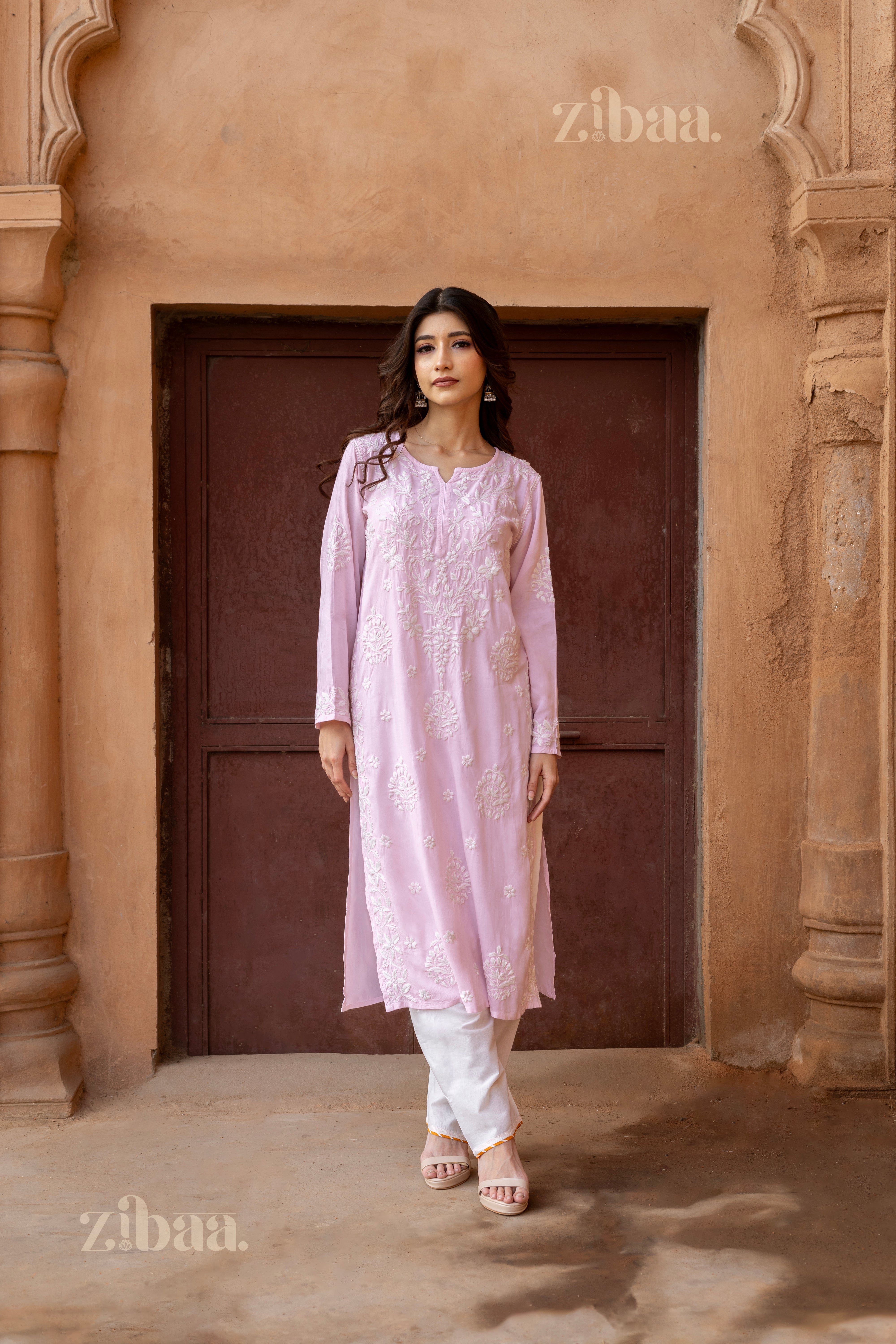 Aiyana Modal Blush Pink Long Chikankari Kurti