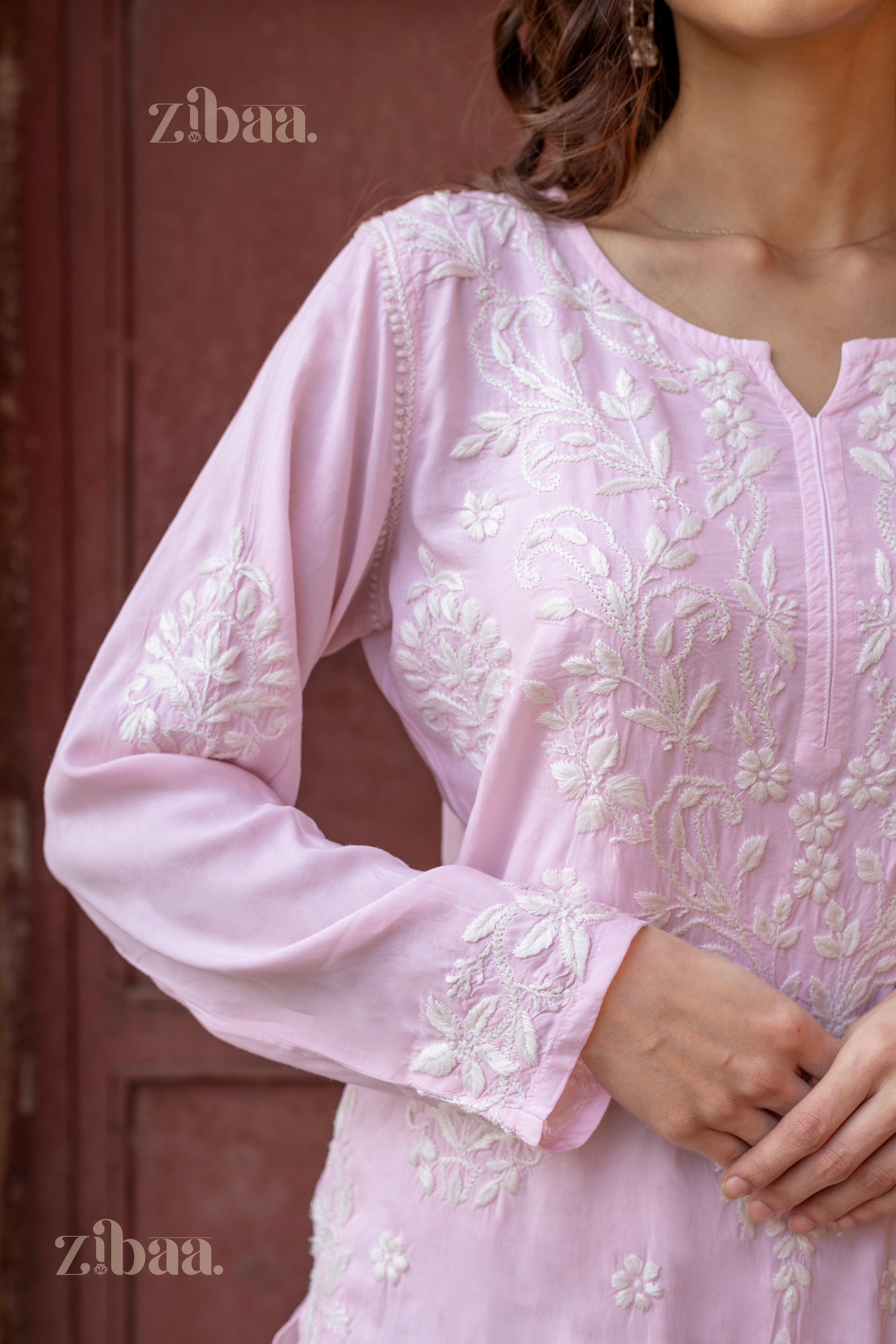 Aiyana Modal Blush Pink Long Chikankari Kurti