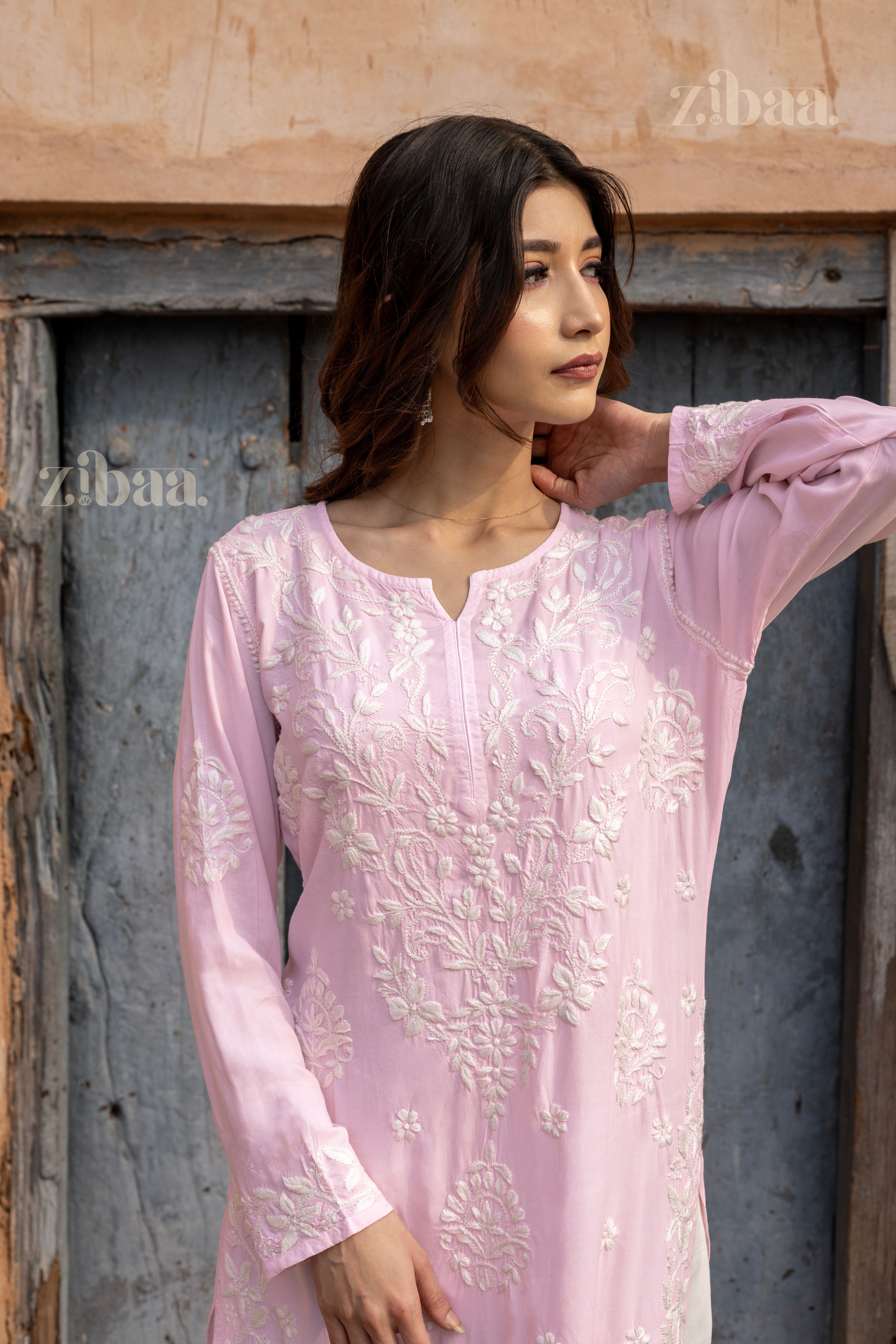 Aiyana Modal Blush Pink Long Chikankari Kurti