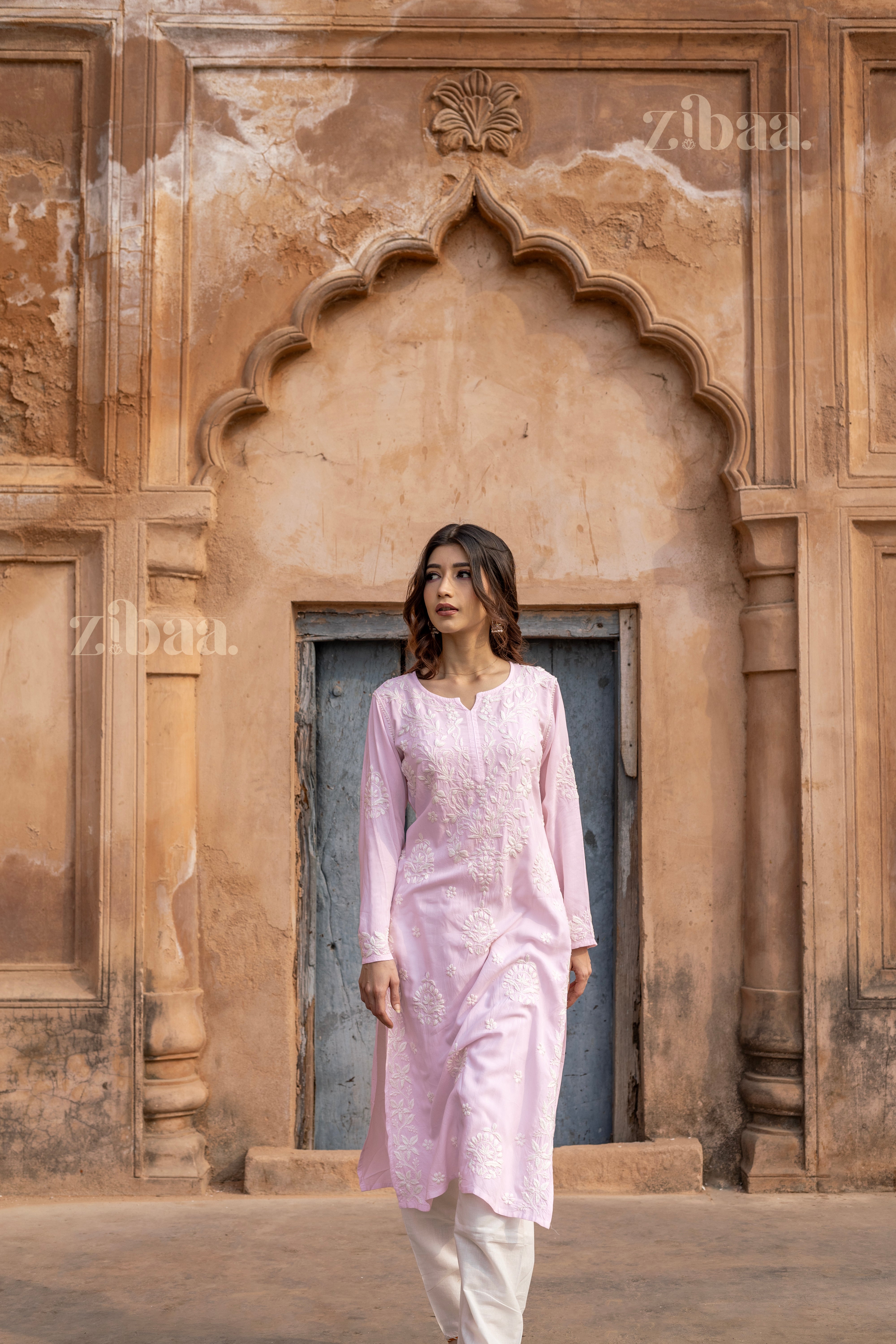 Aiyana Modal Blush Pink Long Chikankari Kurti