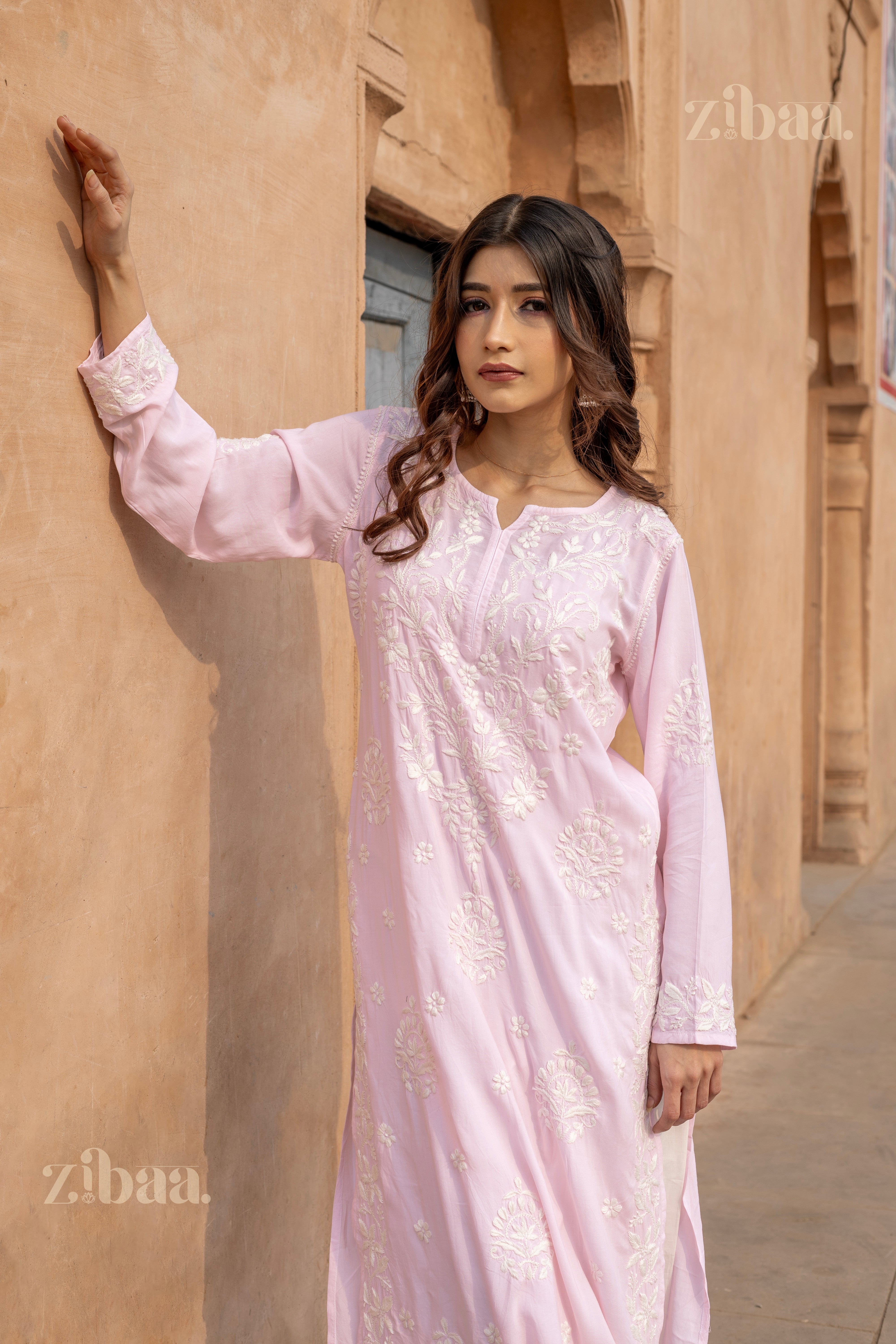 Aiyana Modal Blush Pink Long Chikankari Kurti