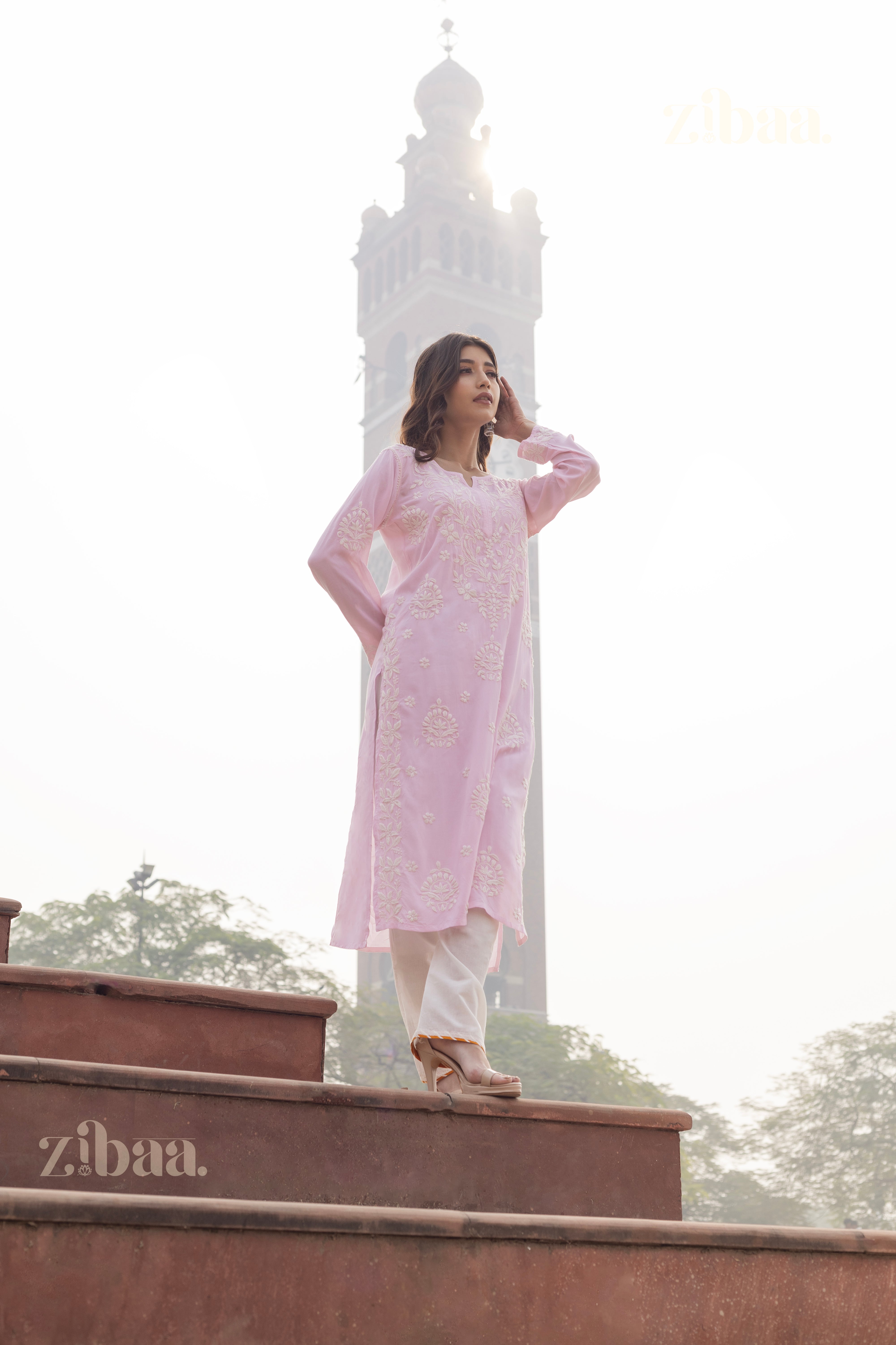 Aiyana Modal Blush Pink Long Chikankari Kurti