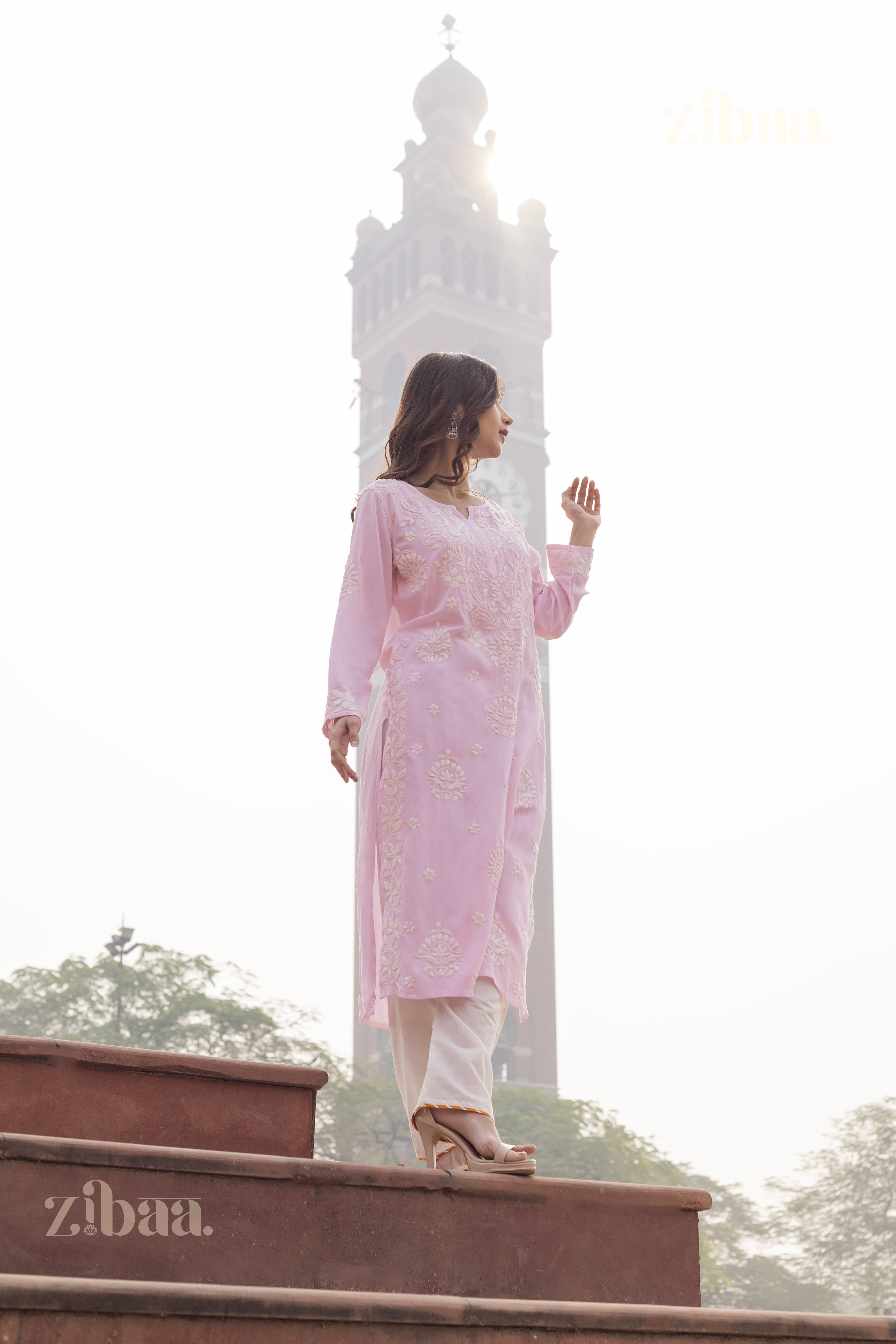 Aiyana Modal Blush Pink Long Chikankari Kurti