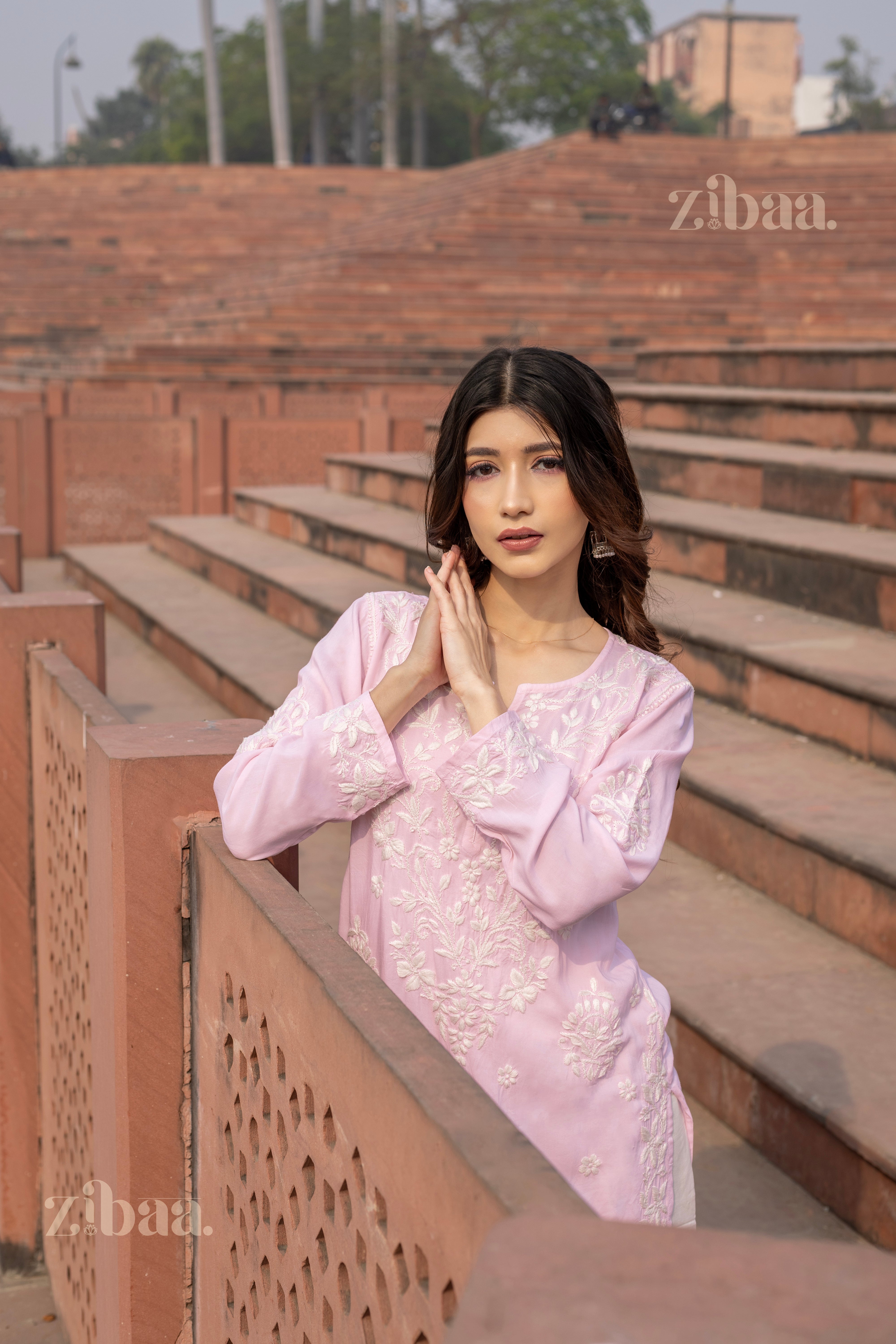 Aiyana Modal Blush Pink Long Chikankari Kurti