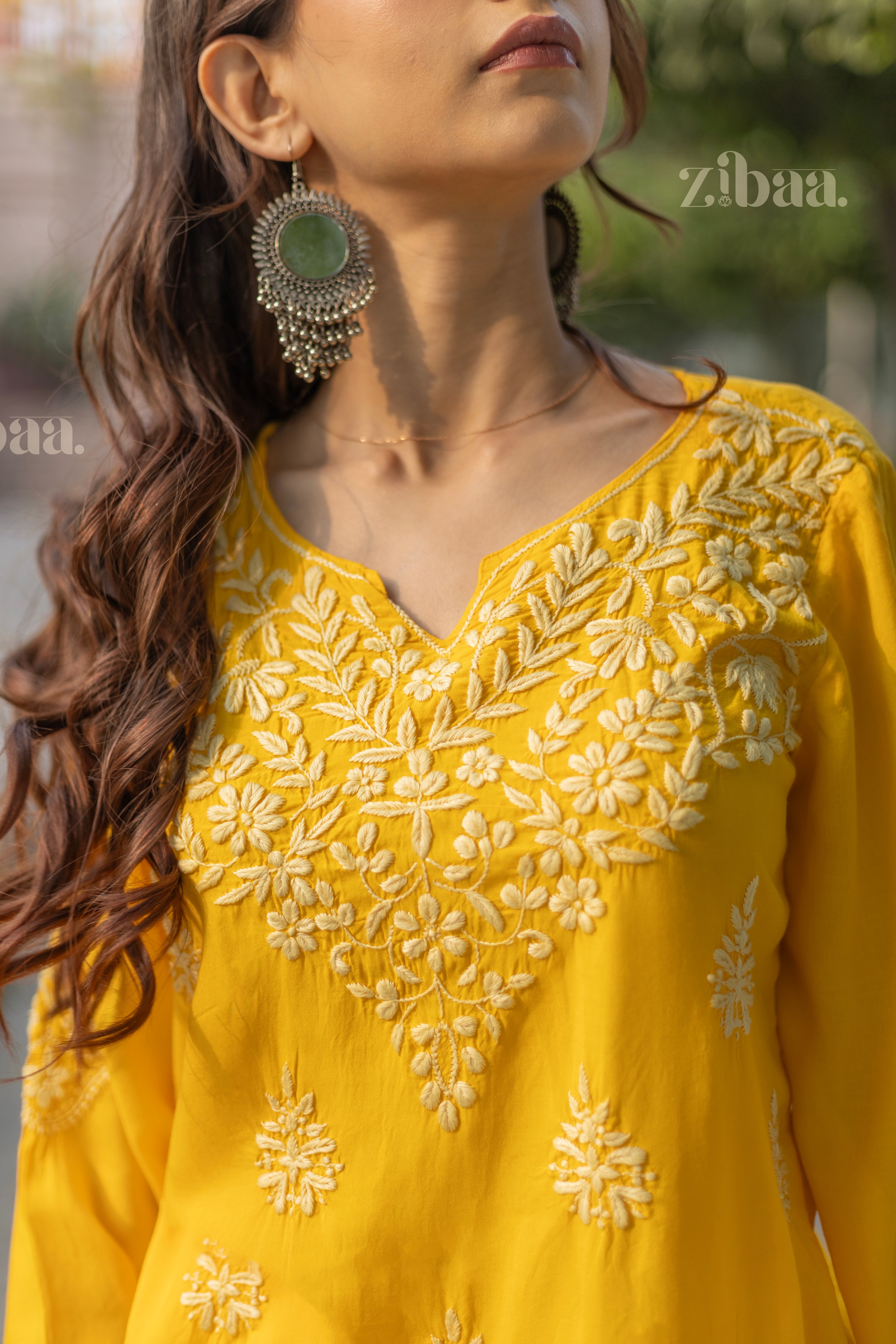 Aiyana Modal Mustard Yellow Short Chikankari Kurti