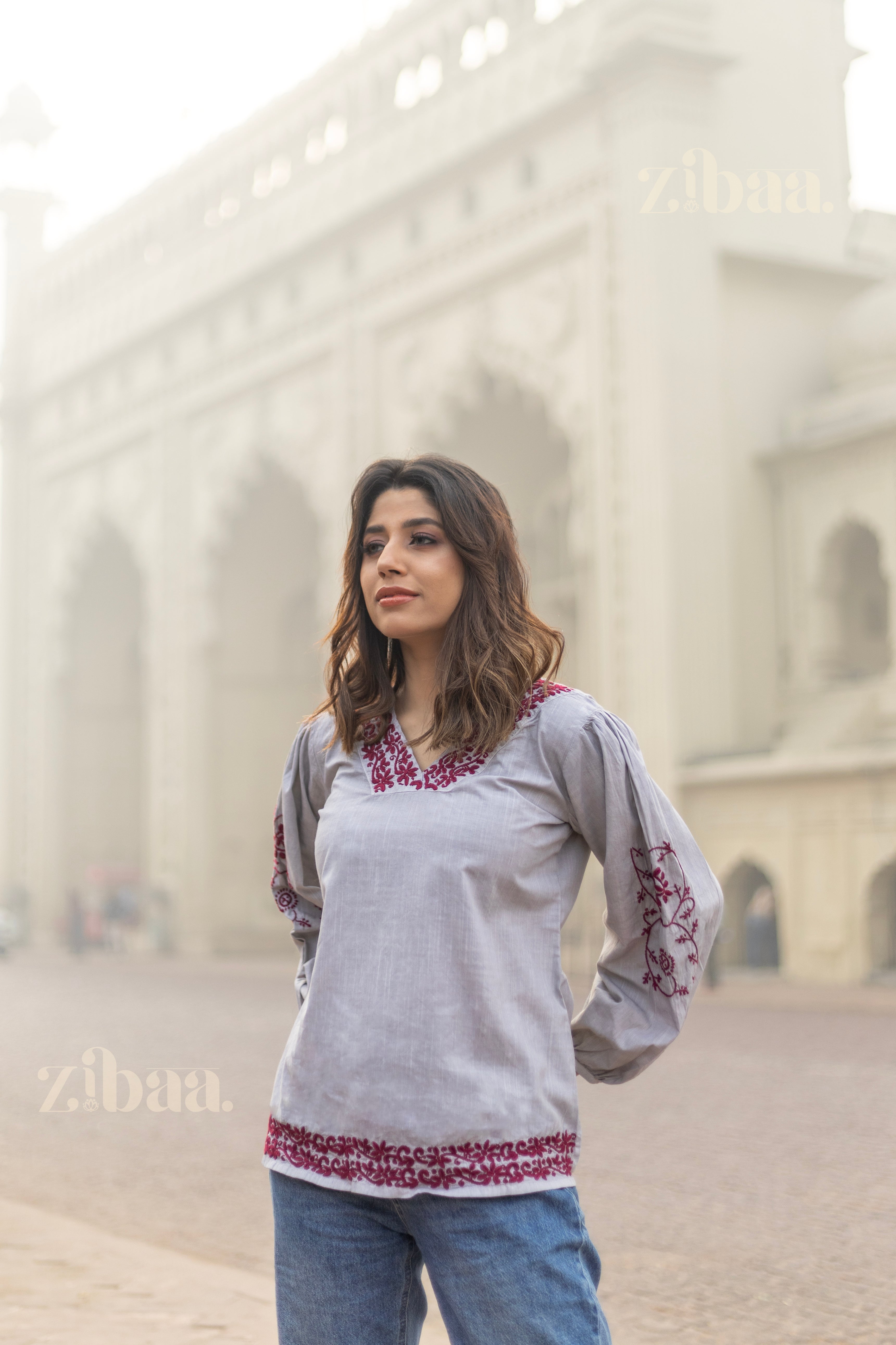 Azal Grey Cotton Chikankari Top