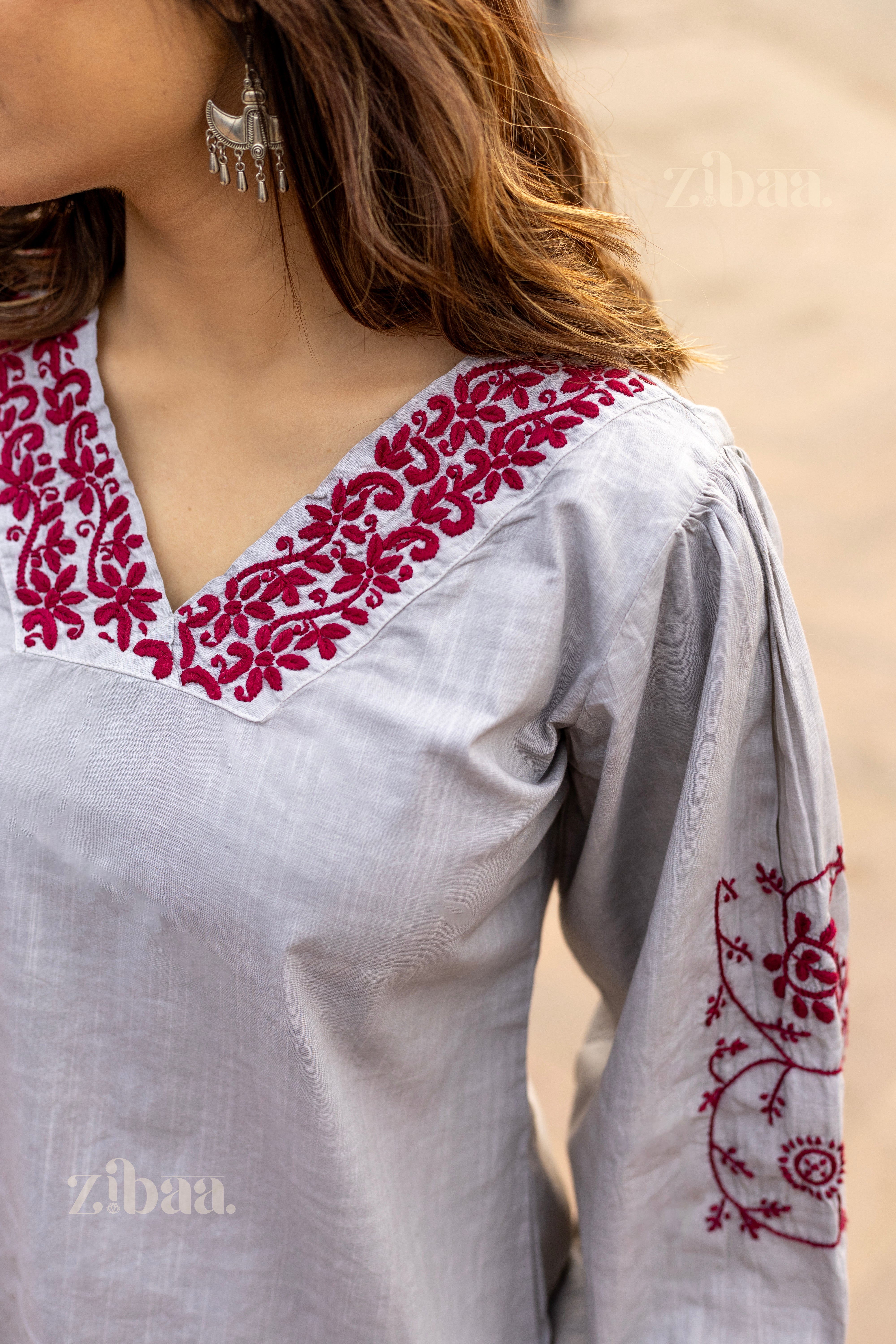 Azal Grey Cotton Chikankari Top