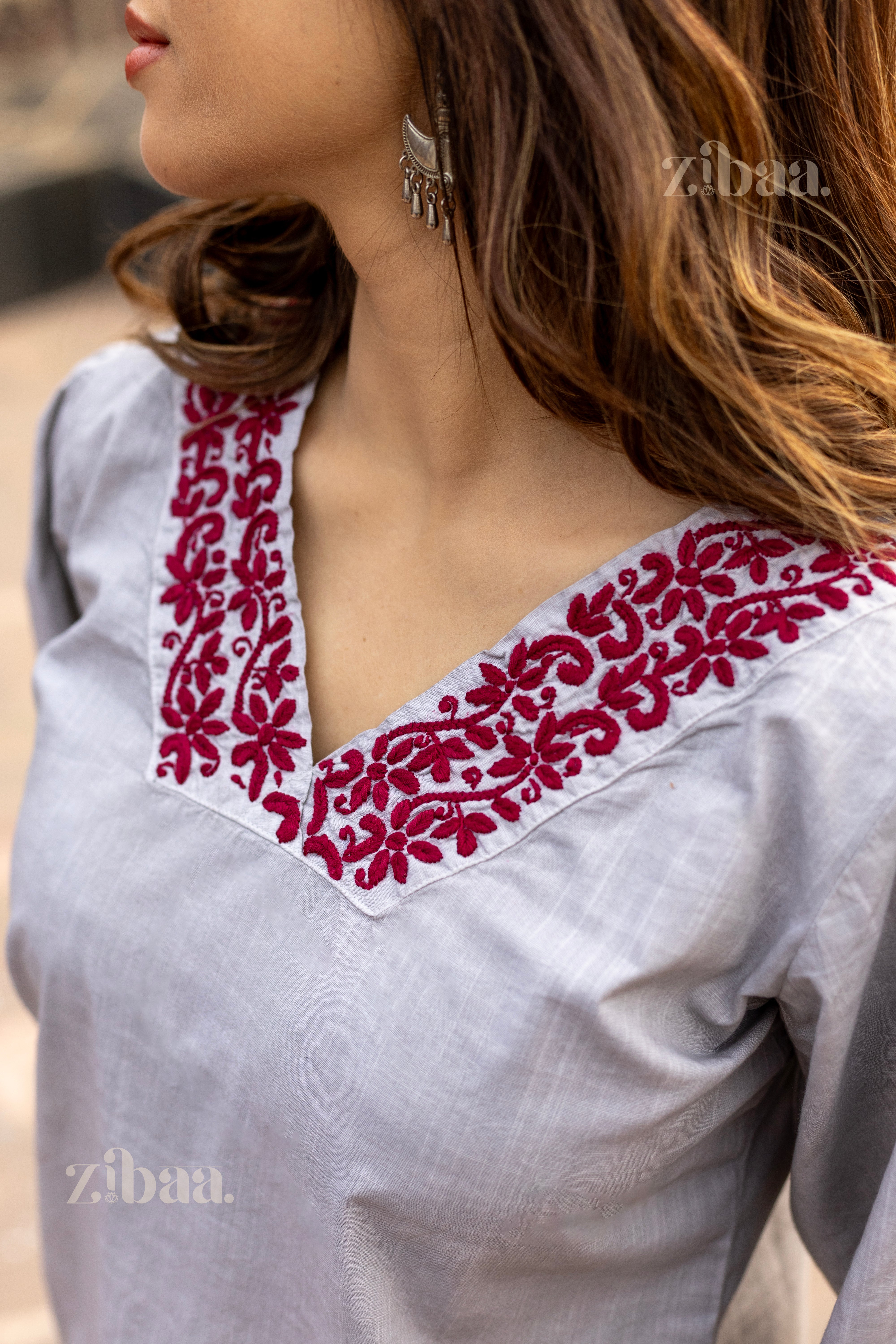 Azal Grey Cotton Chikankari Top