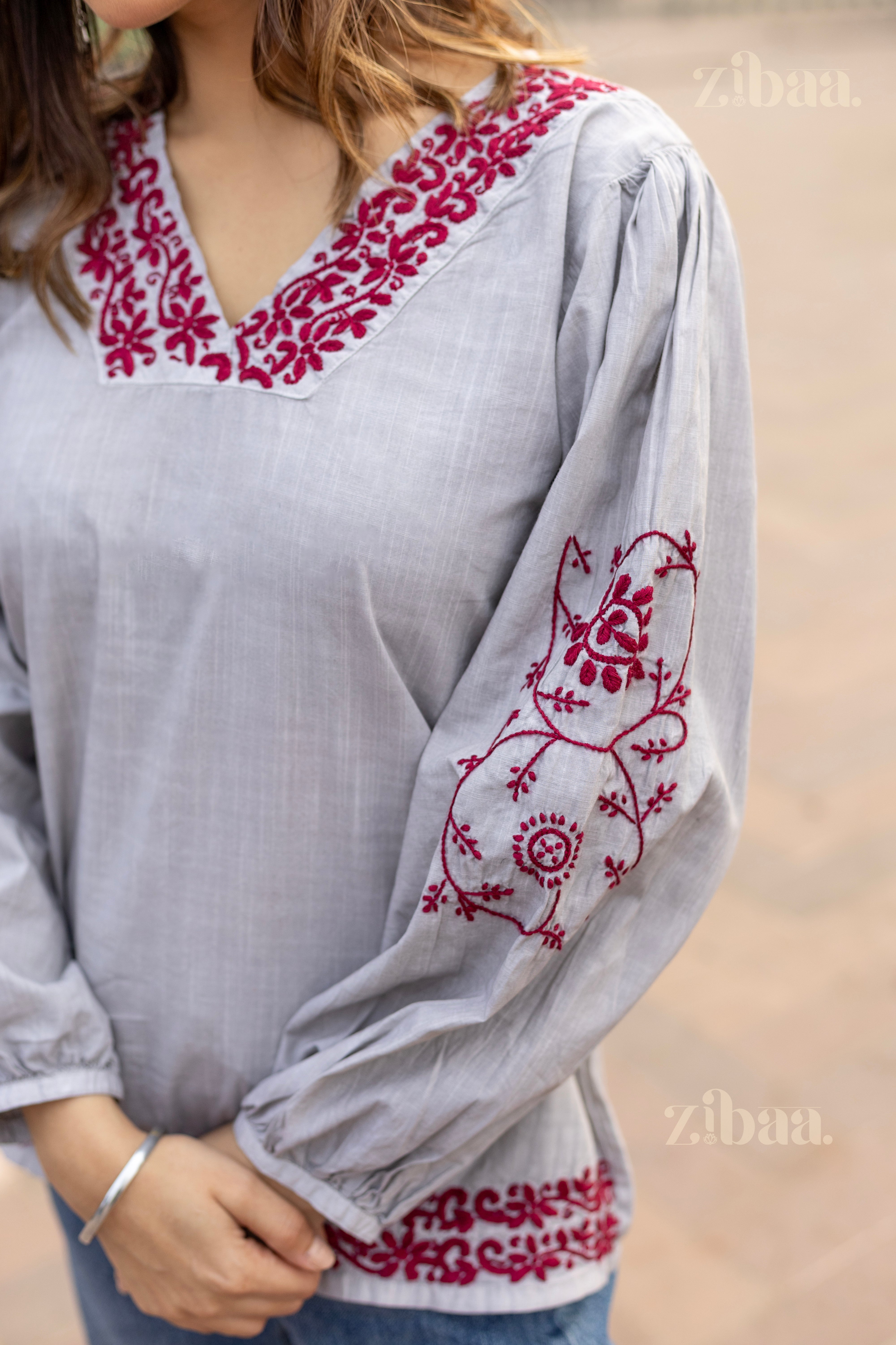 Azal Grey Cotton Chikankari Top