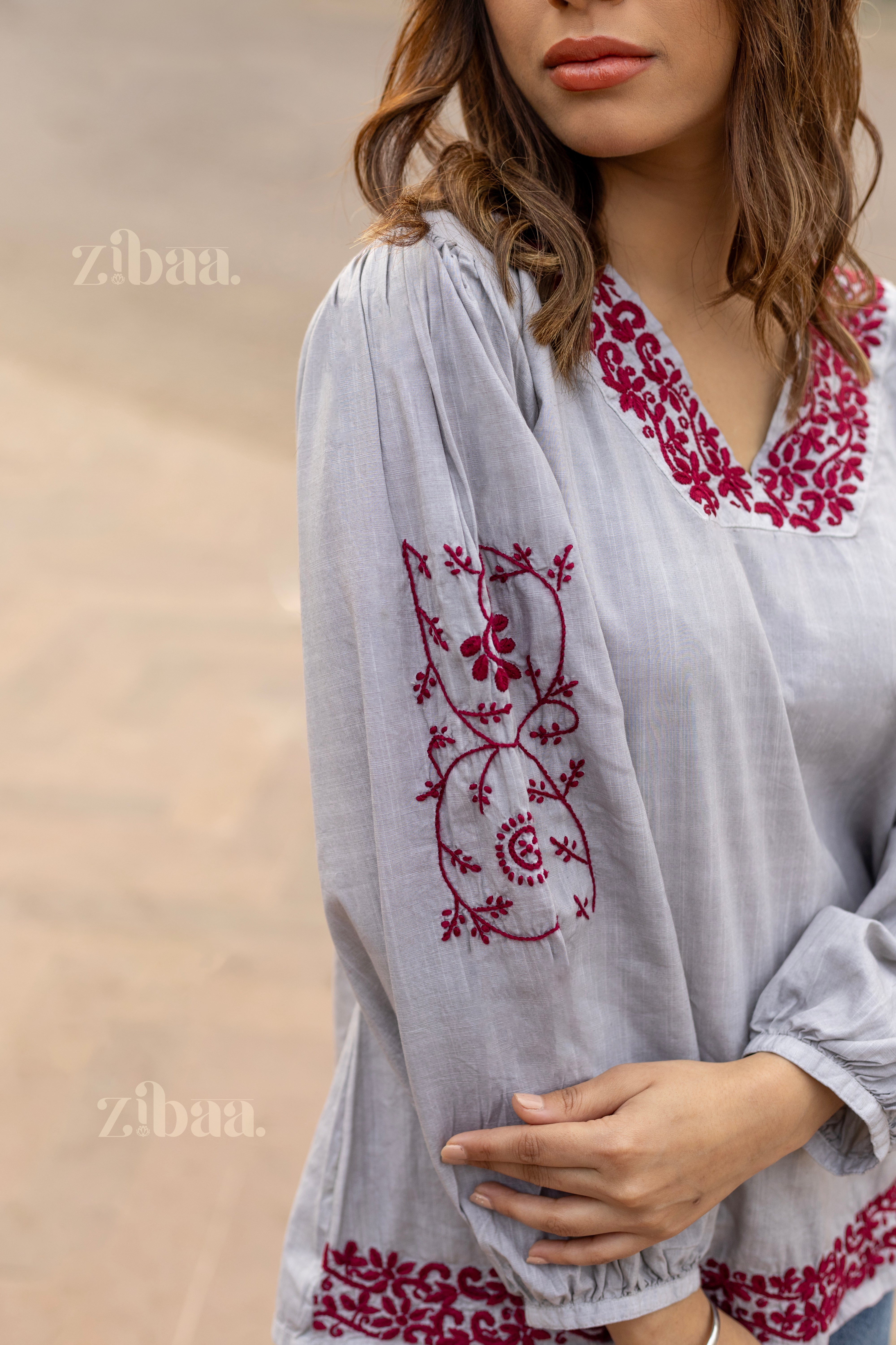 Azal Grey Cotton Chikankari Top