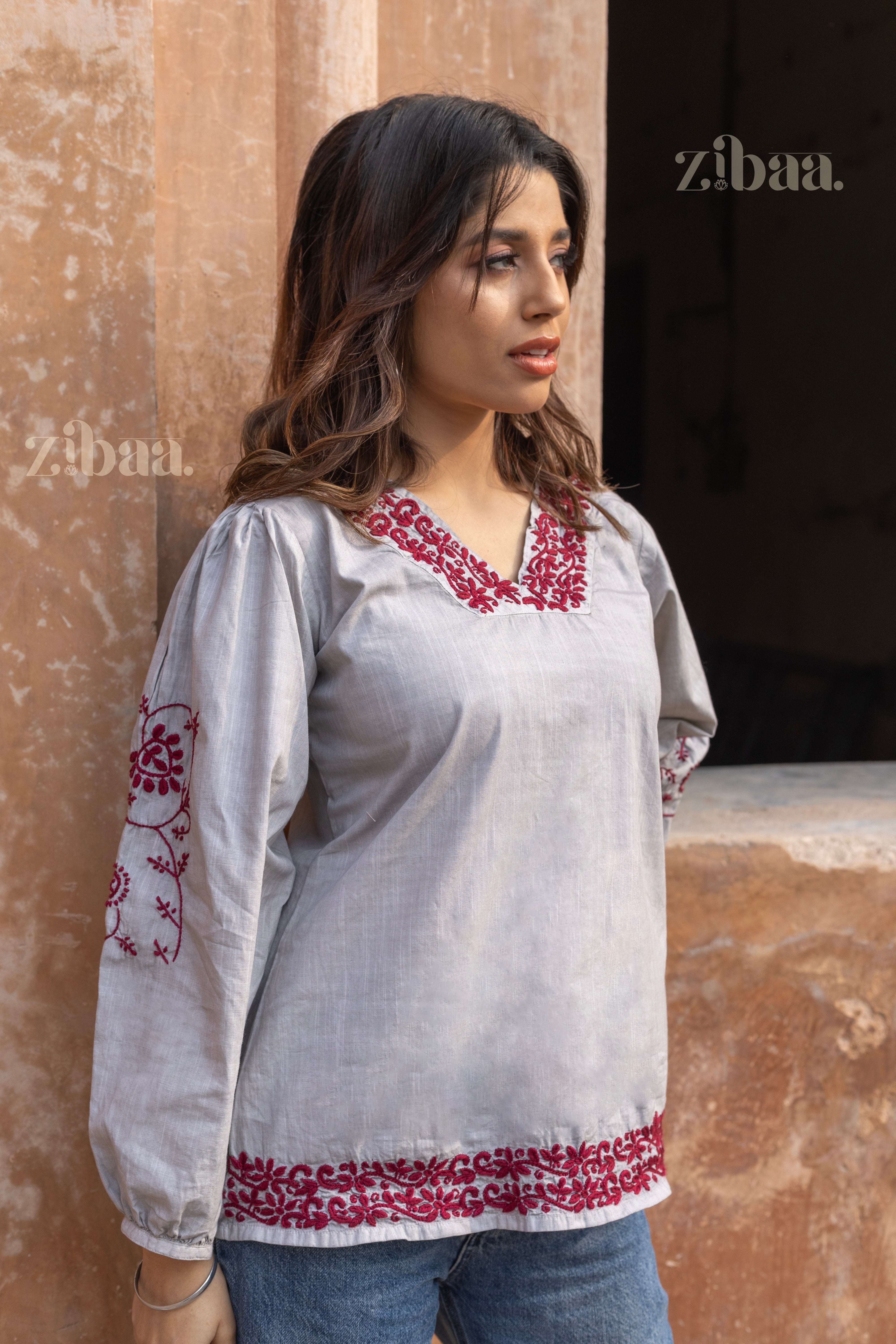 Azal Grey Cotton Chikankari Top