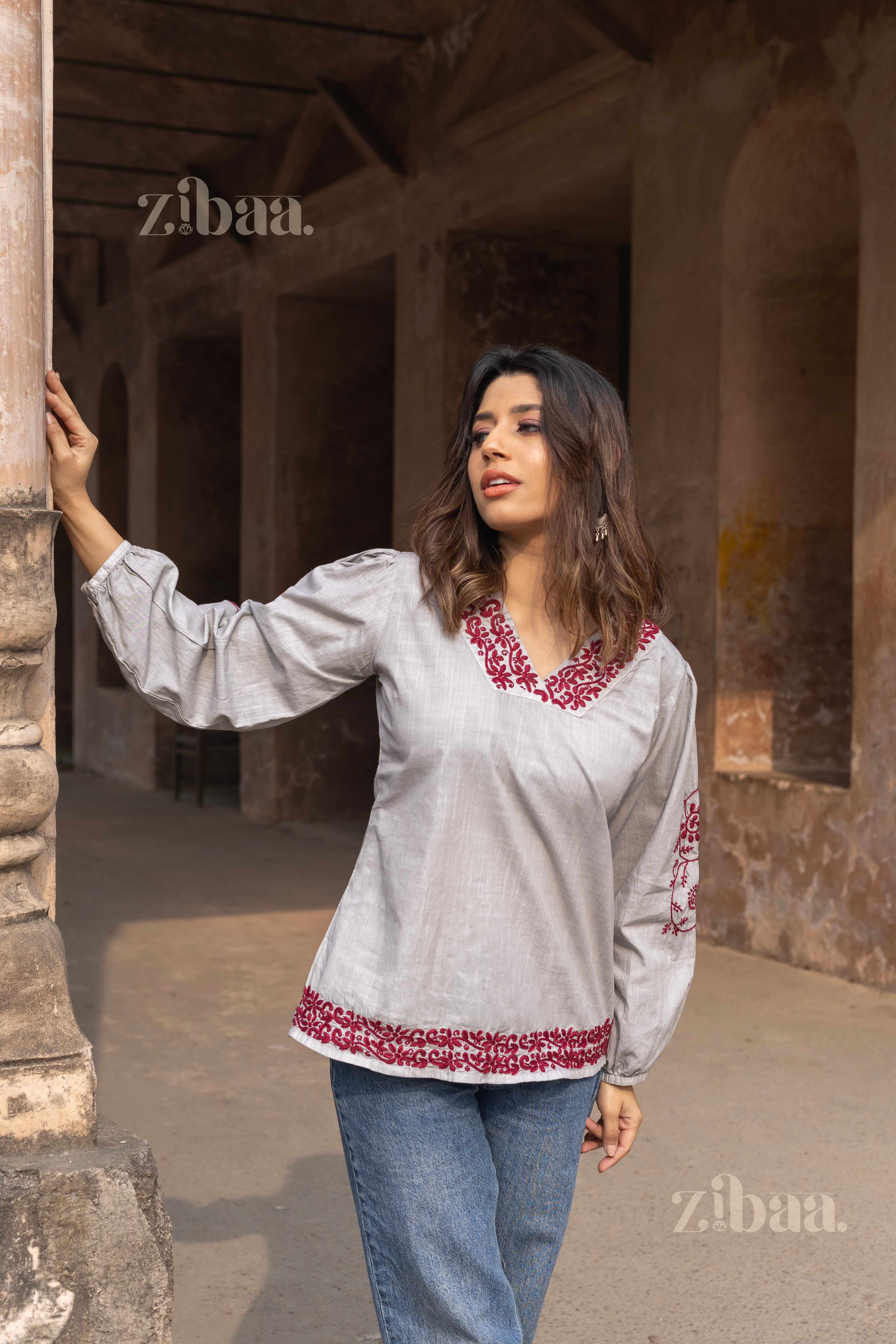 Azal Grey Cotton Chikankari Top