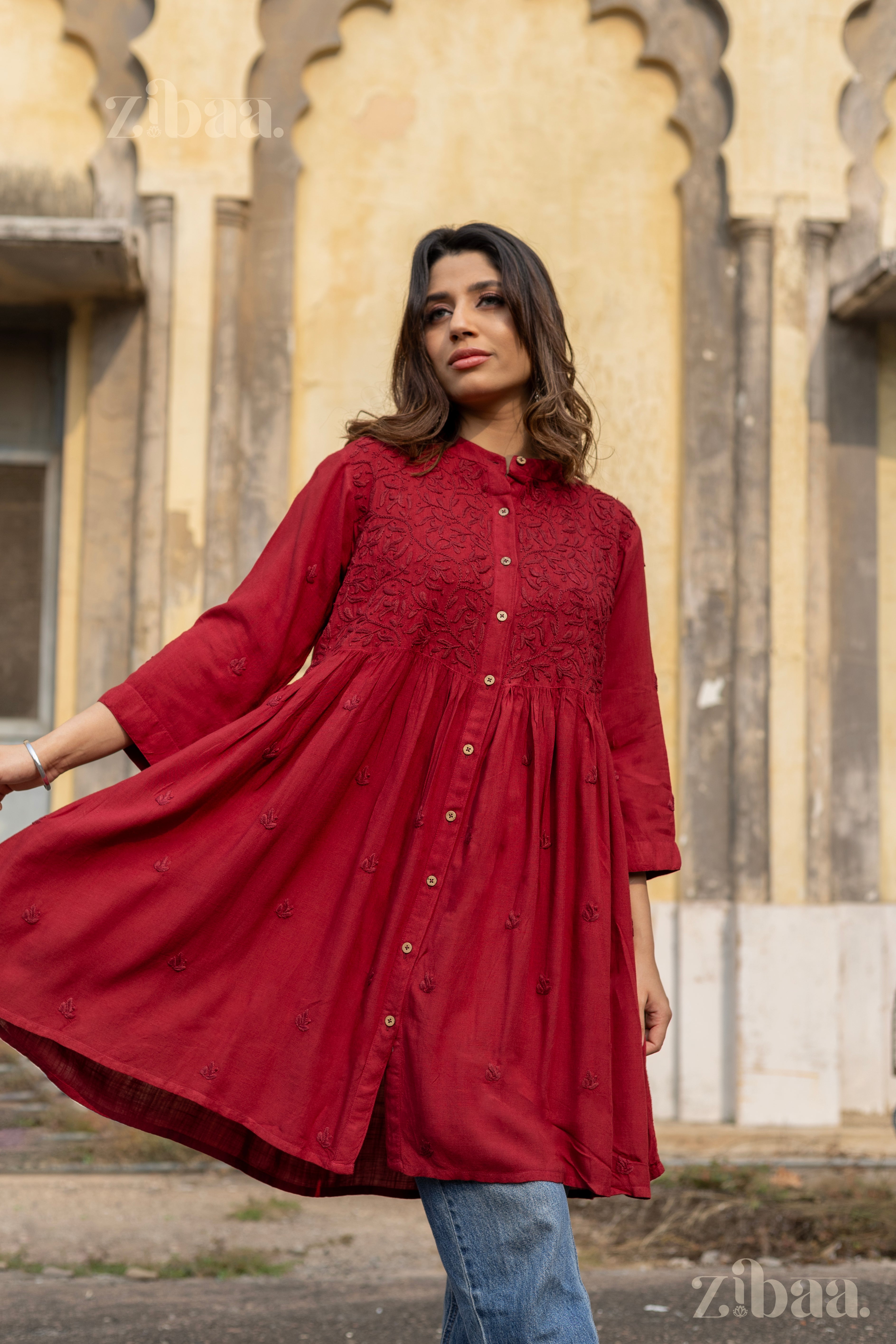 Azal Maroon Rayon Chikankari Tunic