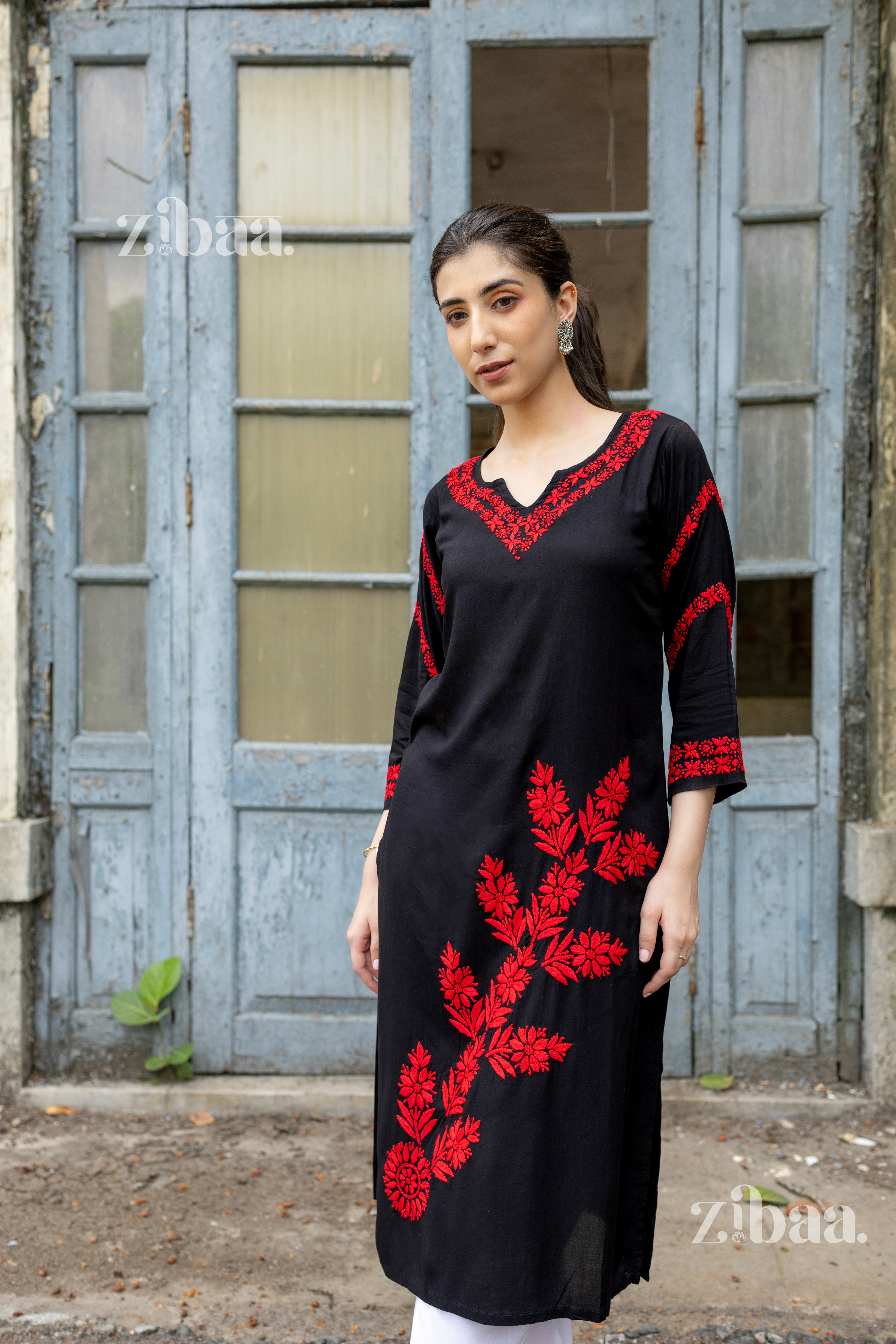 Maaya Modal Red & Black Chikankari Kurti