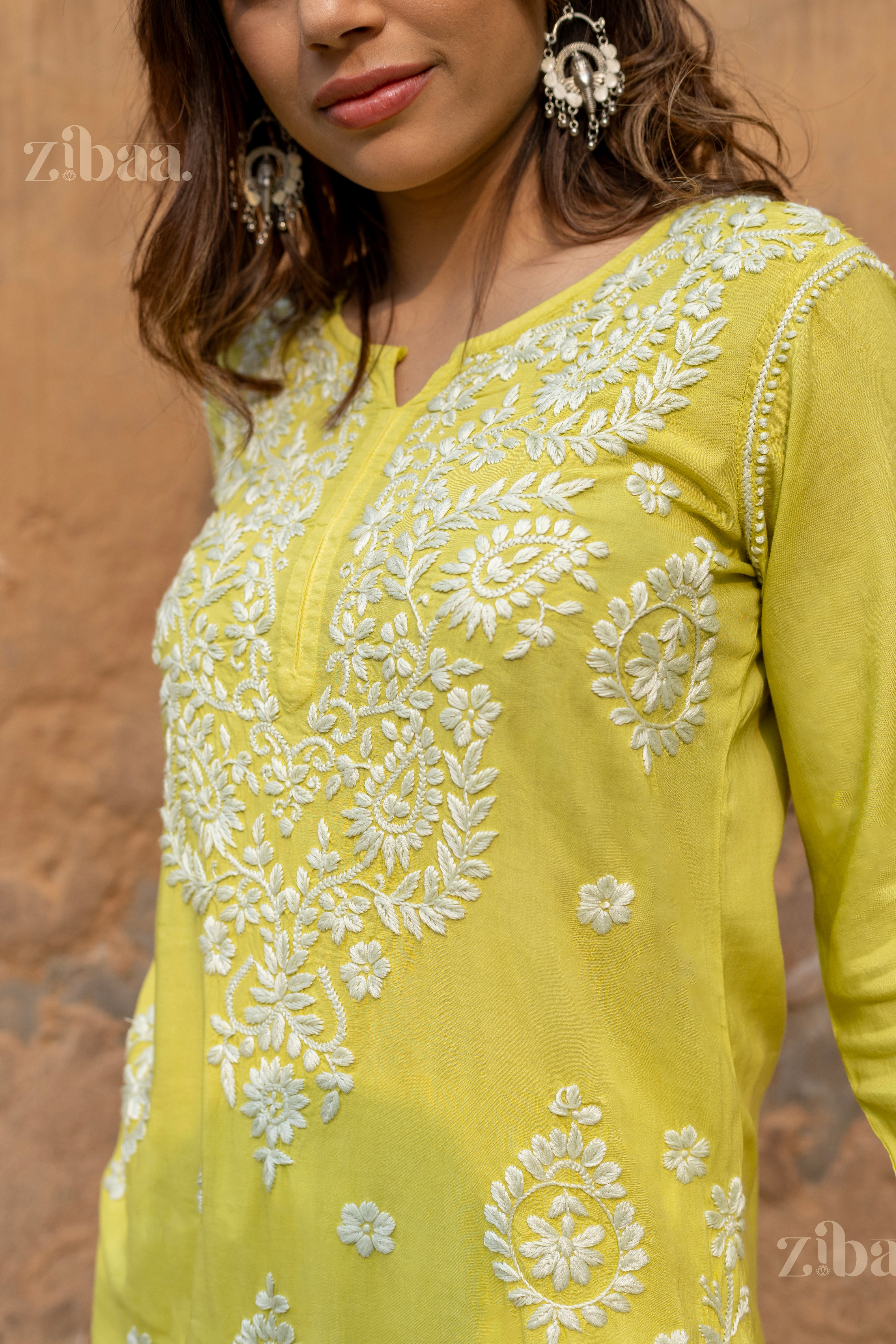 Aiyana Modal Olive Green Long Chikankari Kurti