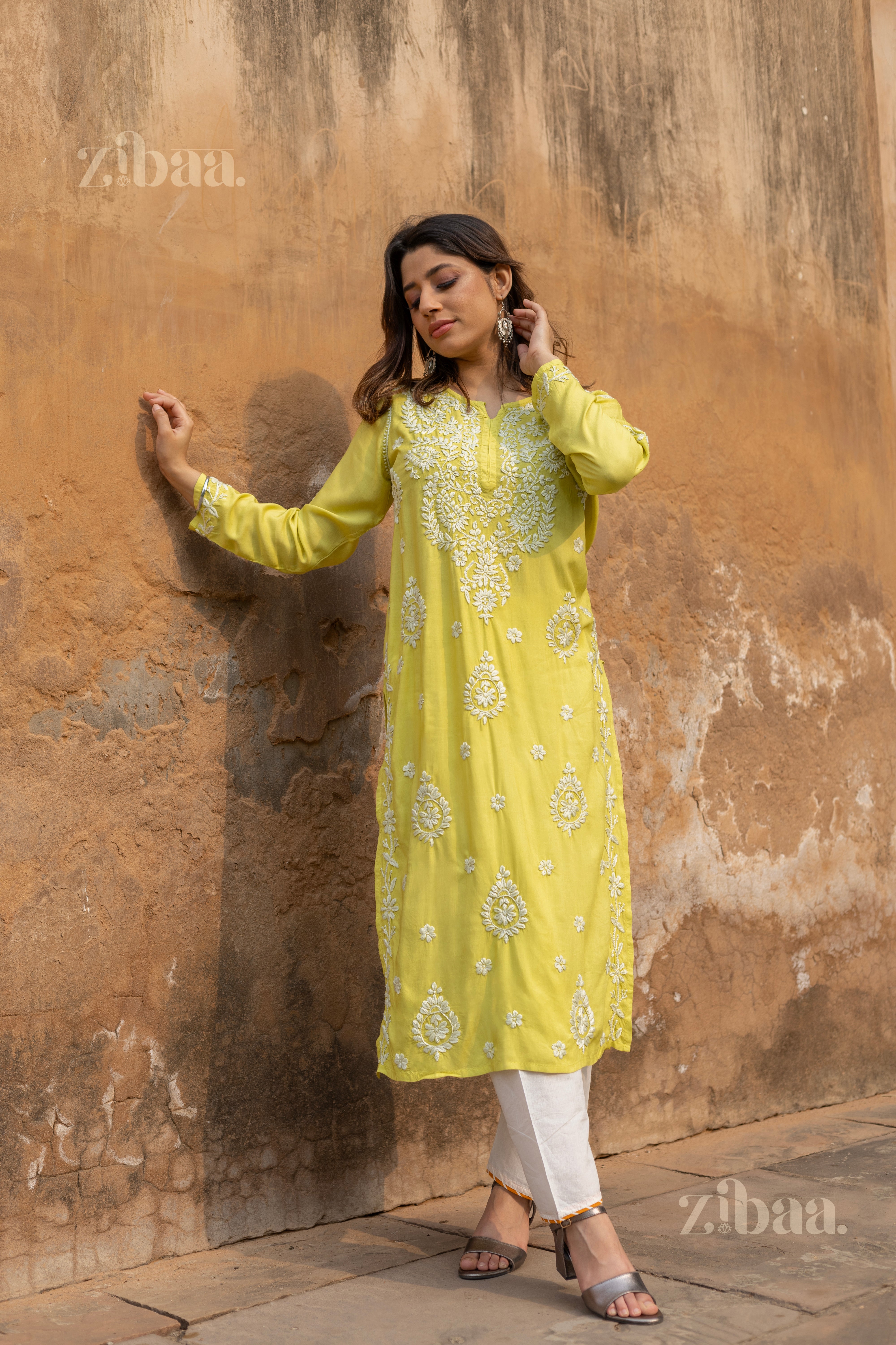 Aiyana Modal Olive Green Long Chikankari Kurti