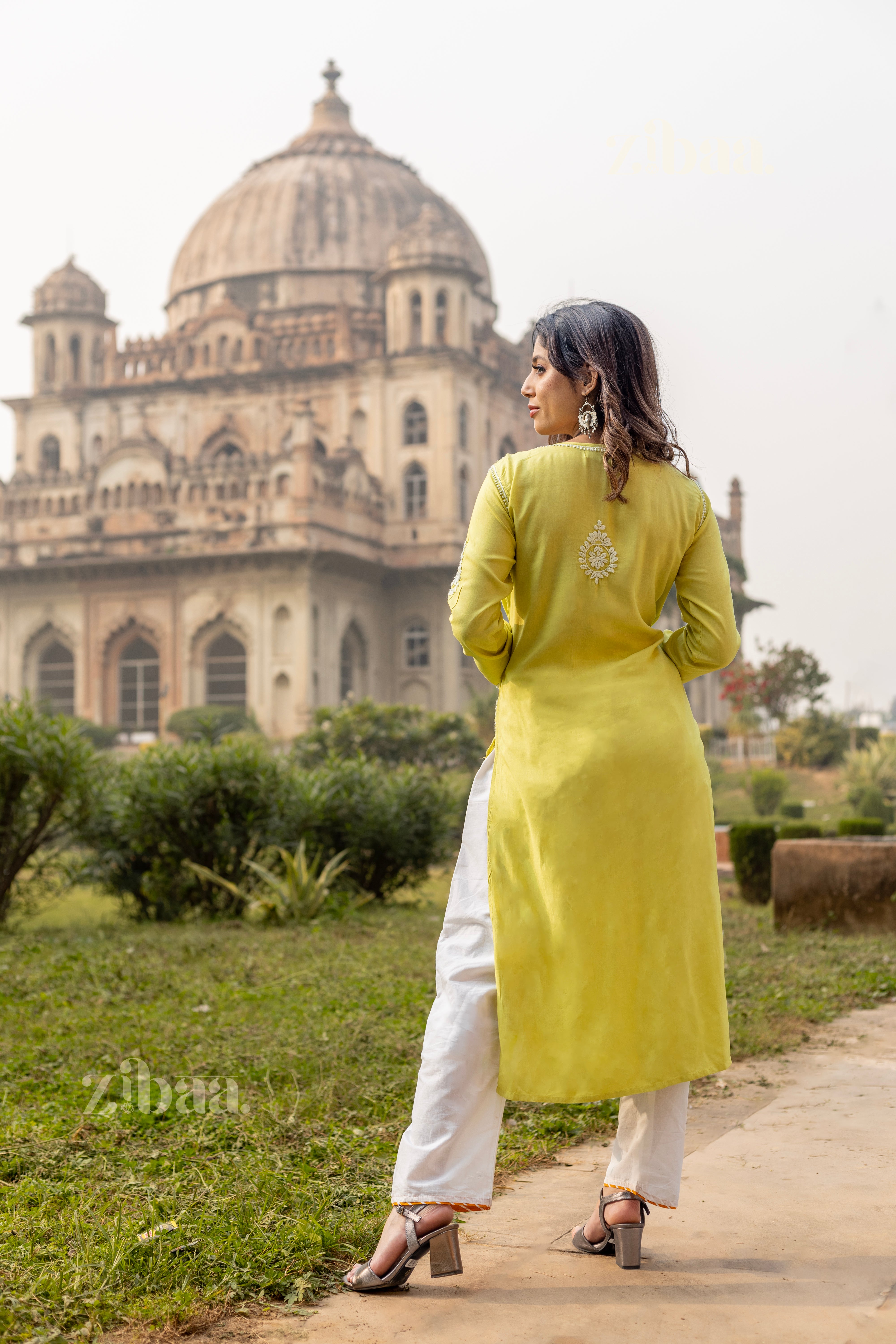 Aiyana Modal Olive Green Long Chikankari Kurti