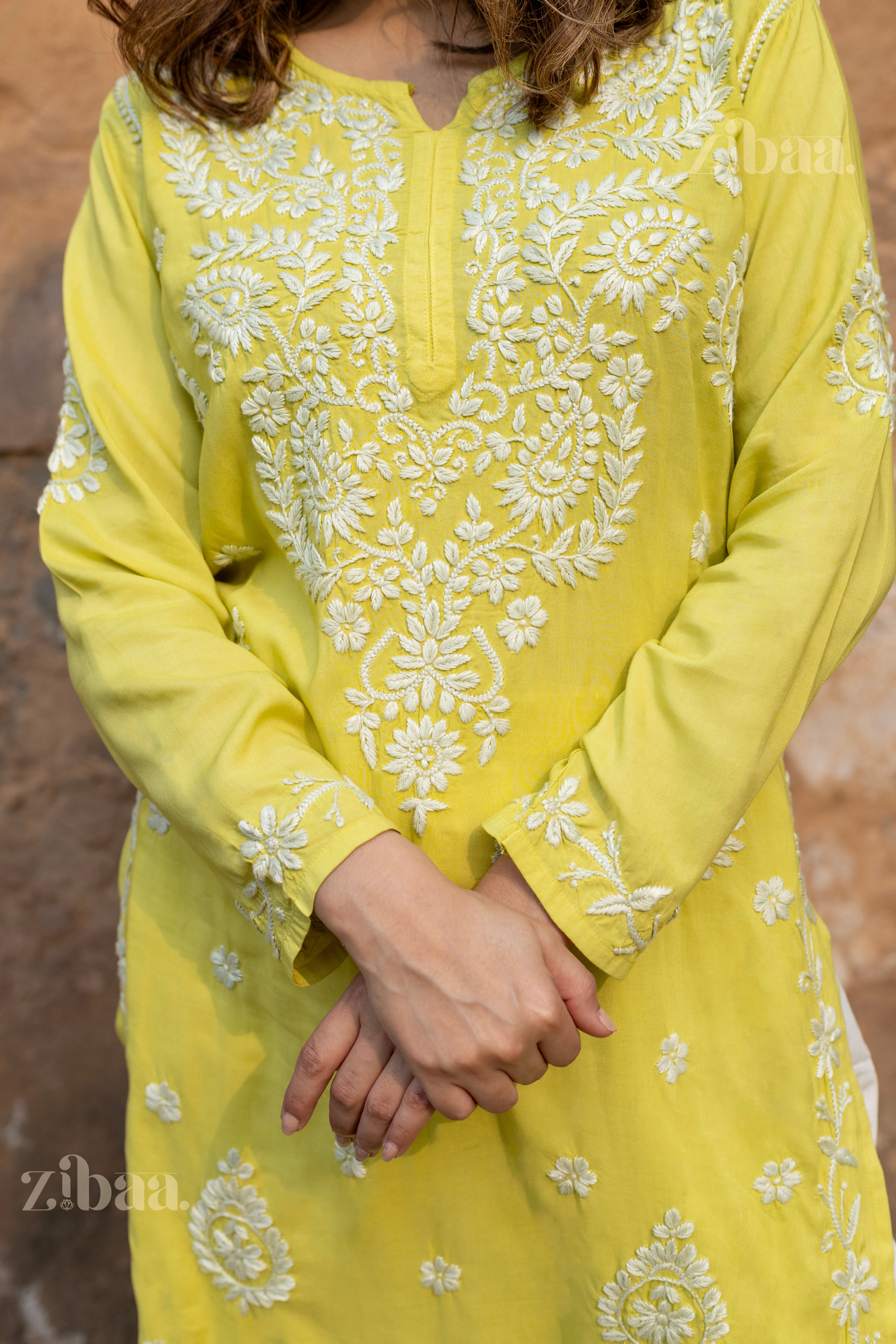 Aiyana Modal Olive Green Long Chikankari Kurti