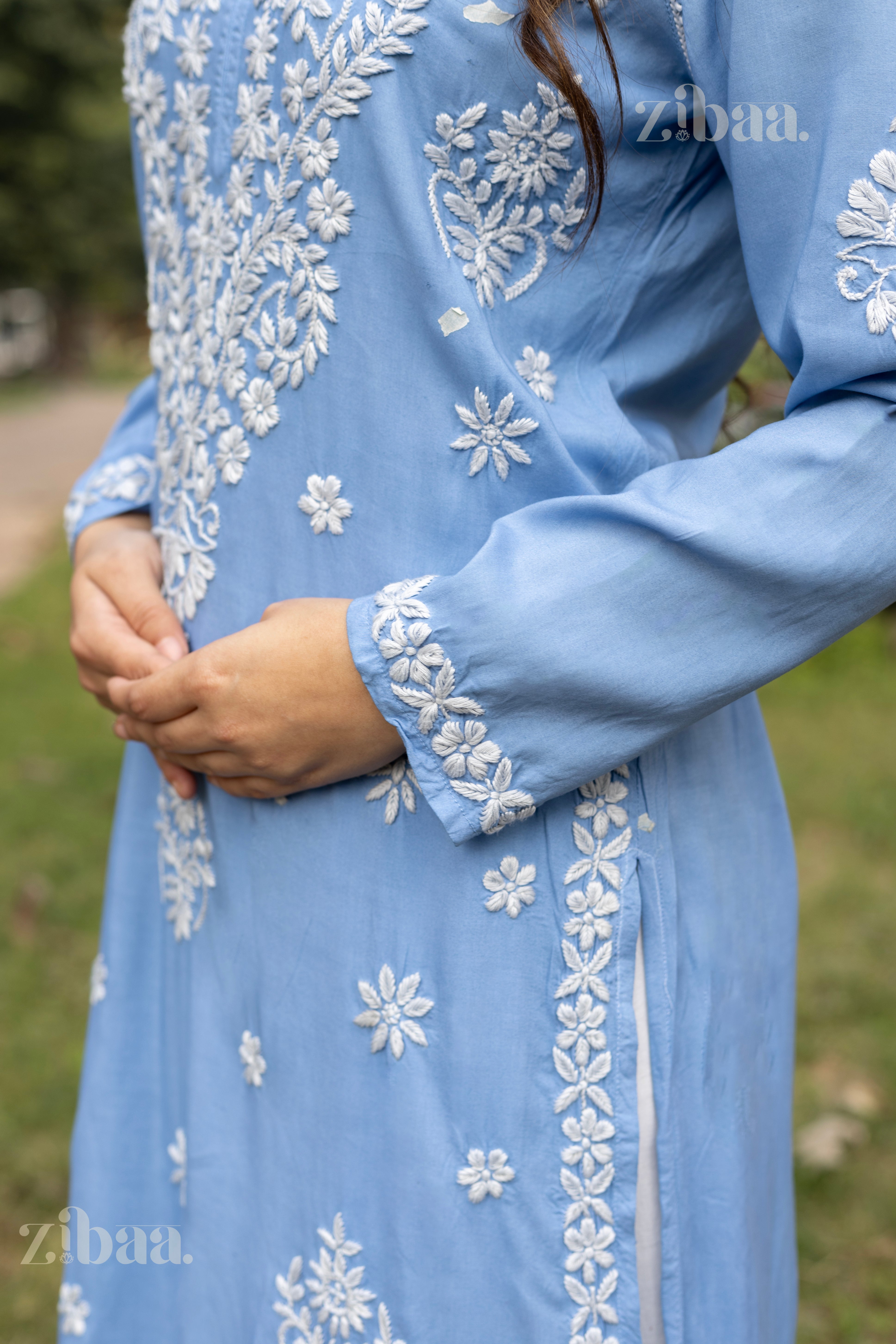 Aiyana Modal Powder Blue Long Chikankari Kurti