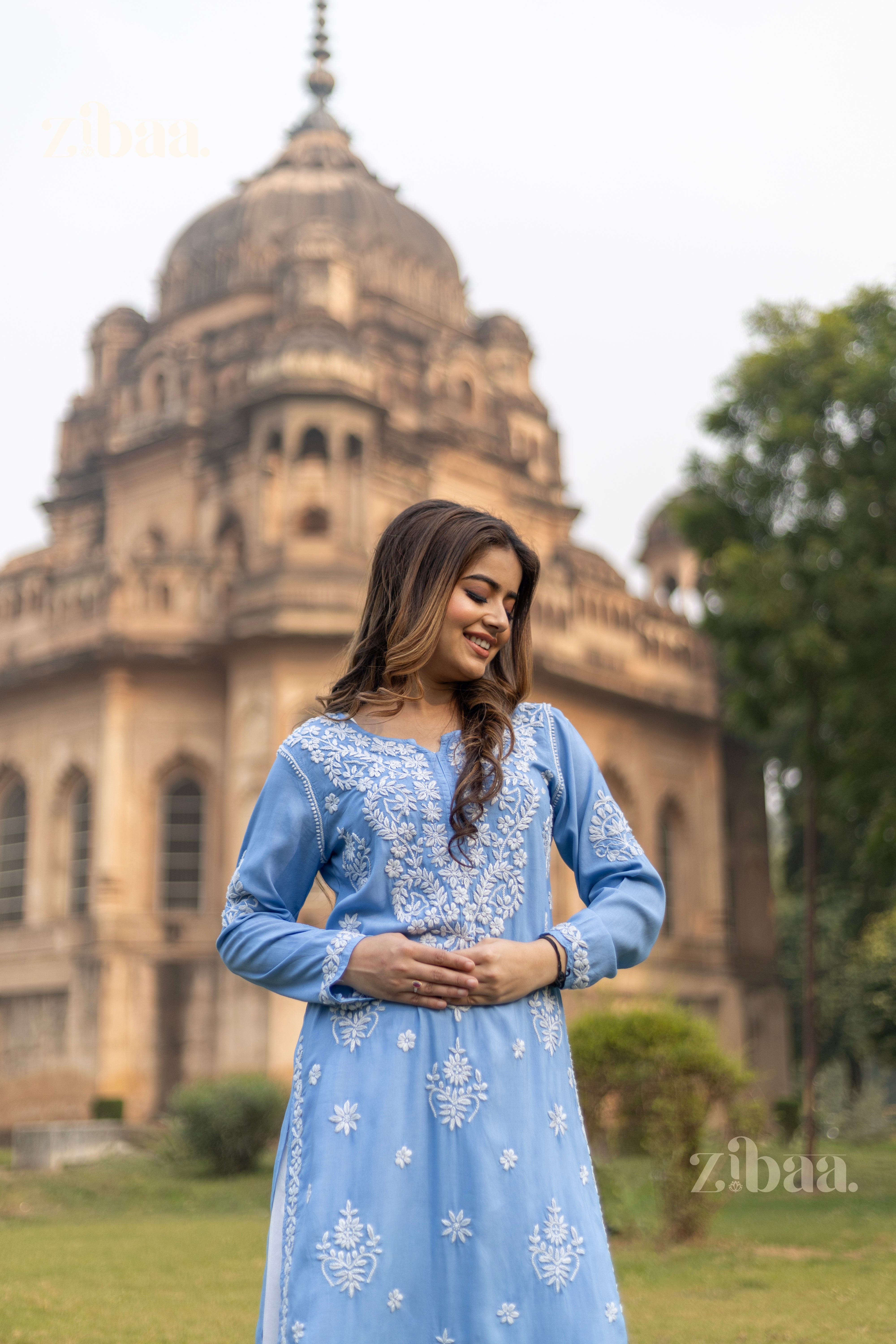 Aiyana Modal Powder Blue Long Chikankari Kurti