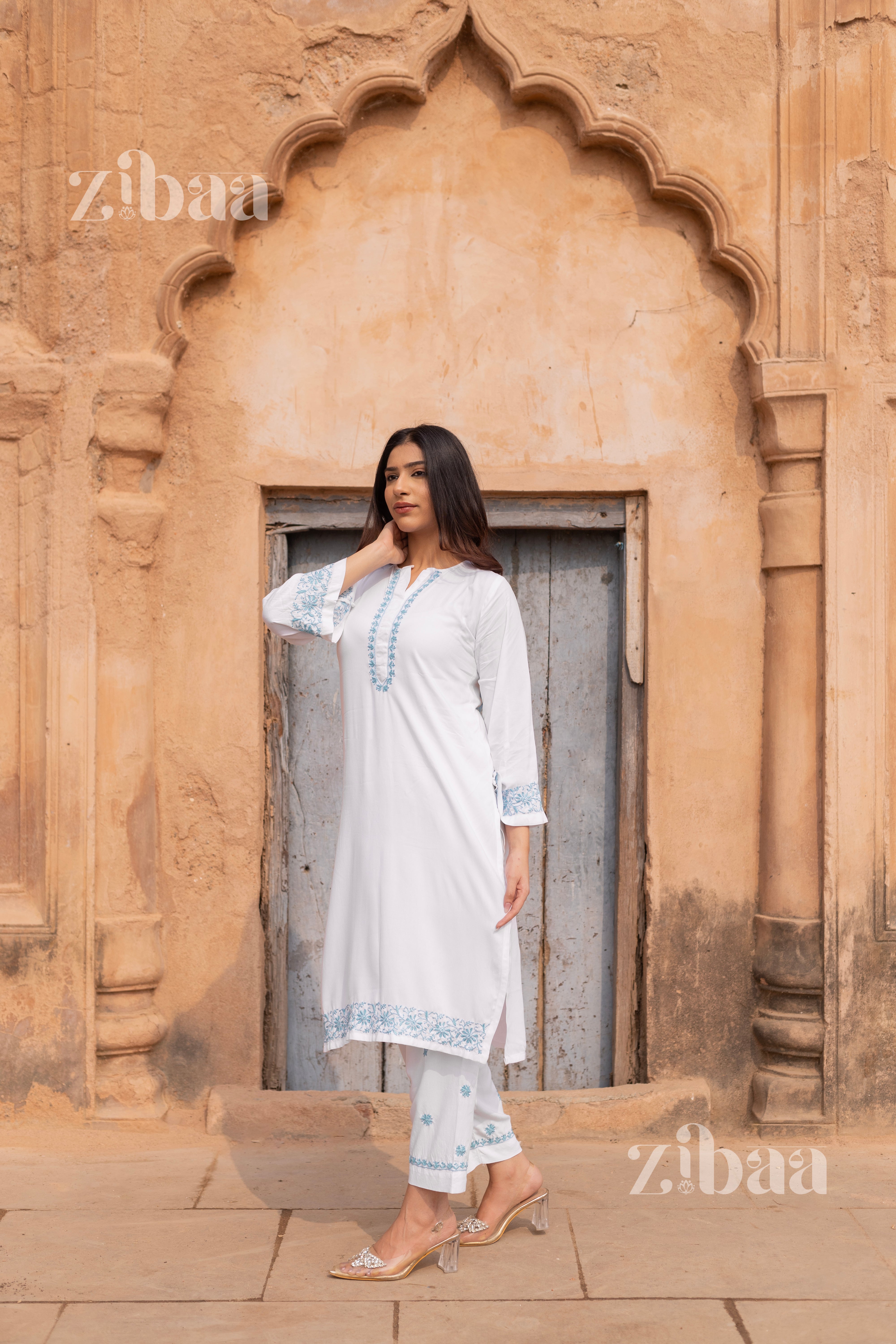 Husn Luxury Rayon White Chikankari Kurta Set