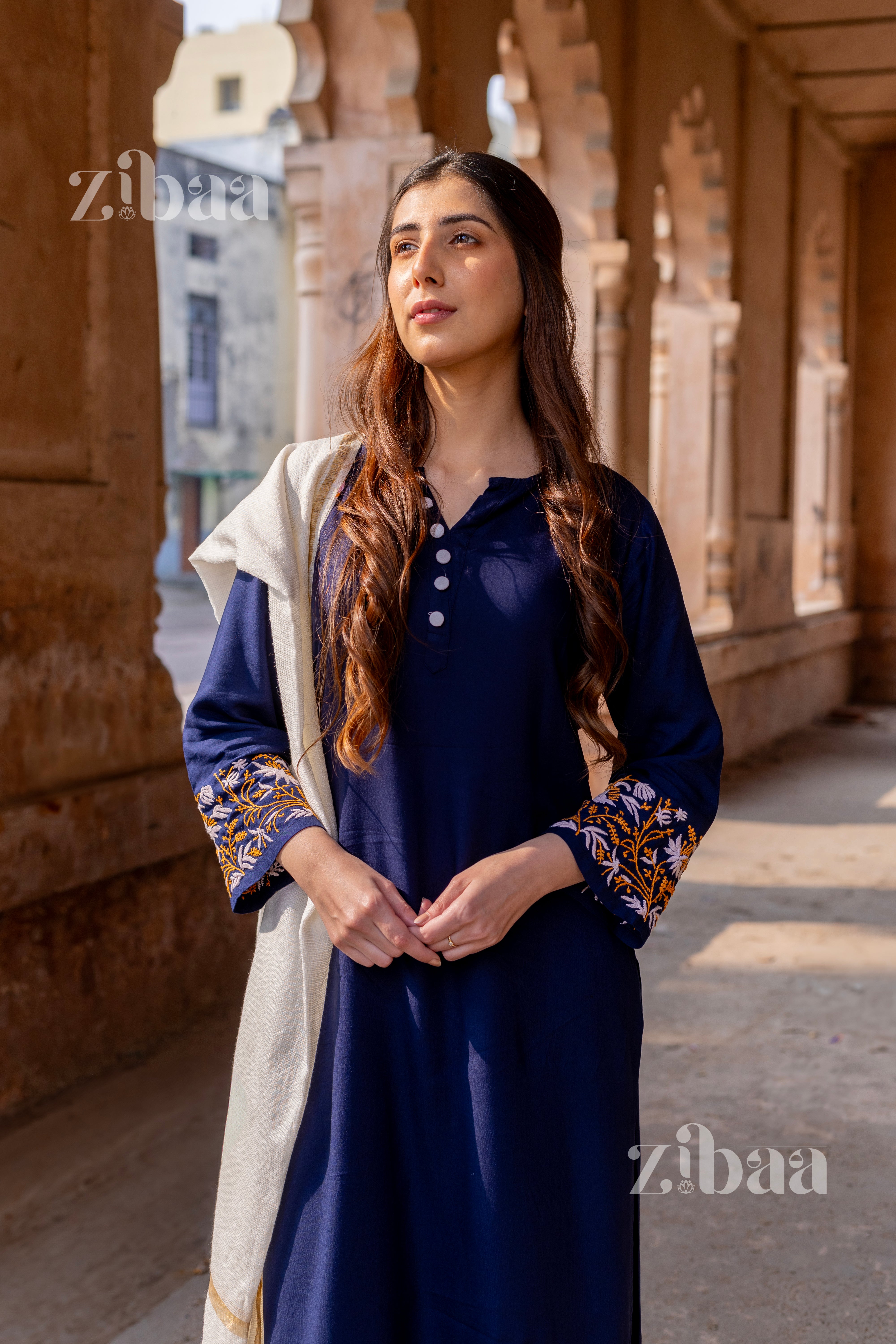 Husn Luxury Rayon Blue Chikankari Kurta Set with Kota Dupatta