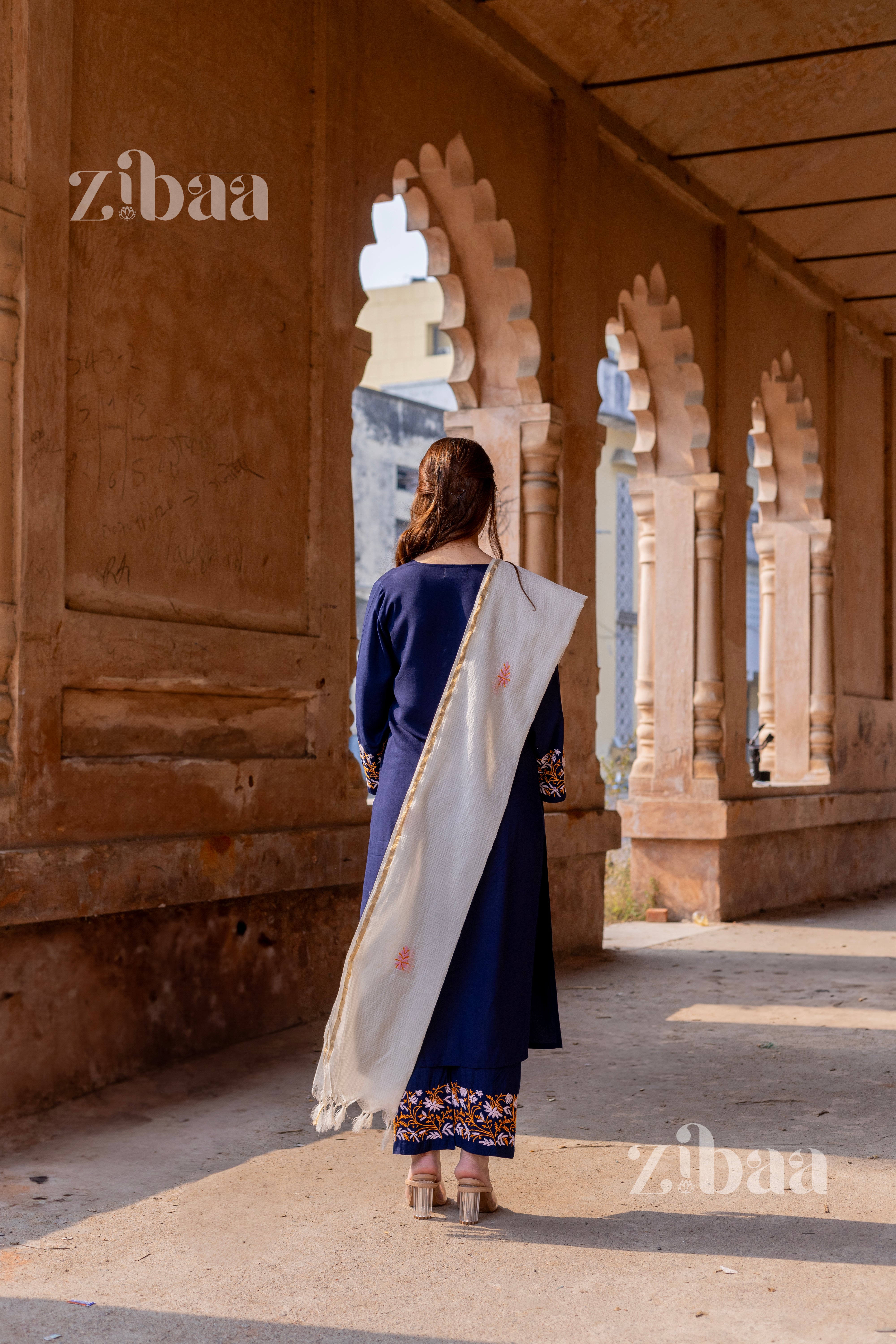 Husn Luxury Rayon Blue Chikankari Kurta Set with Kota Dupatta