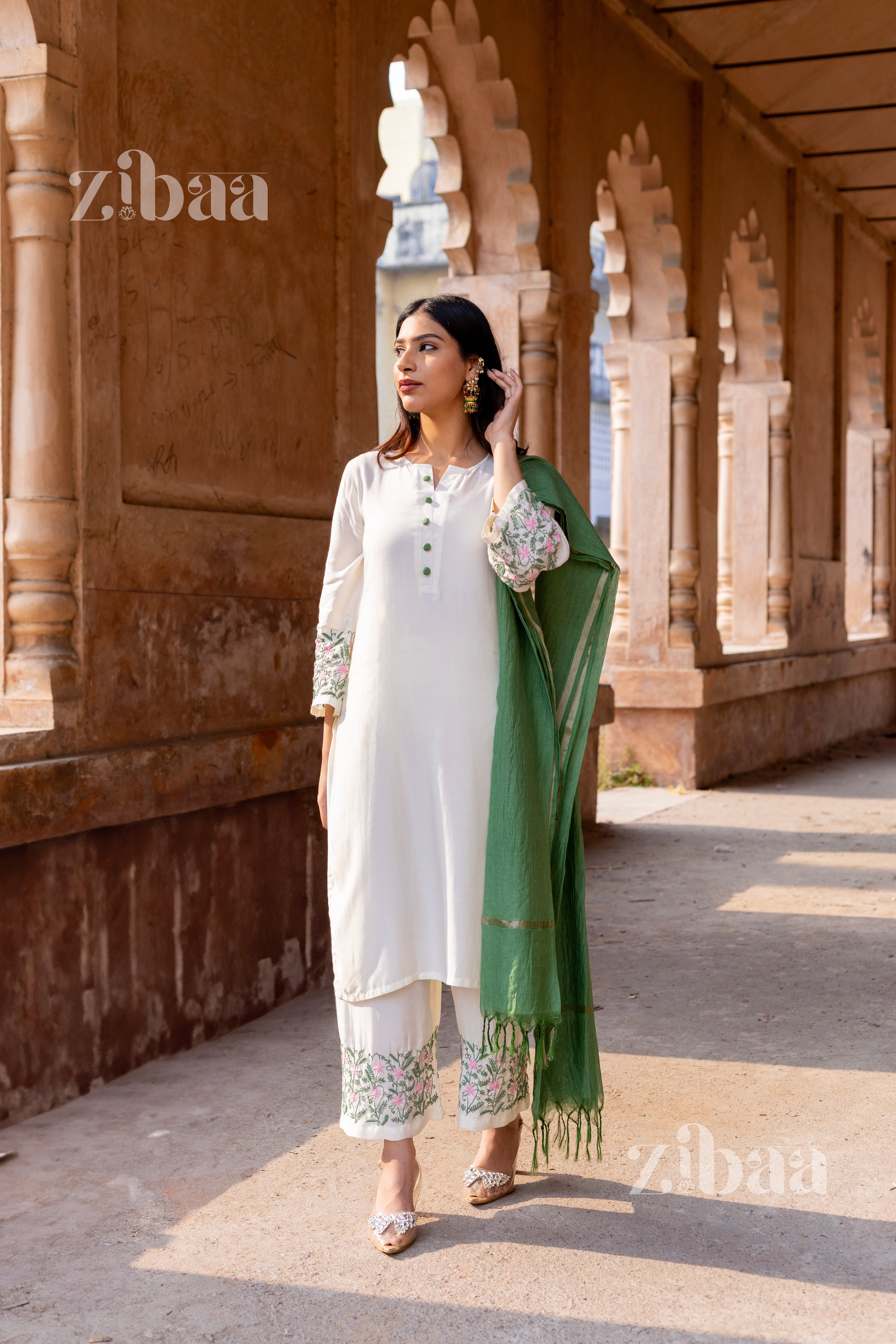 Husn Ivory Pure Muslin Chikankari Kurta Set with Mul Dupatta