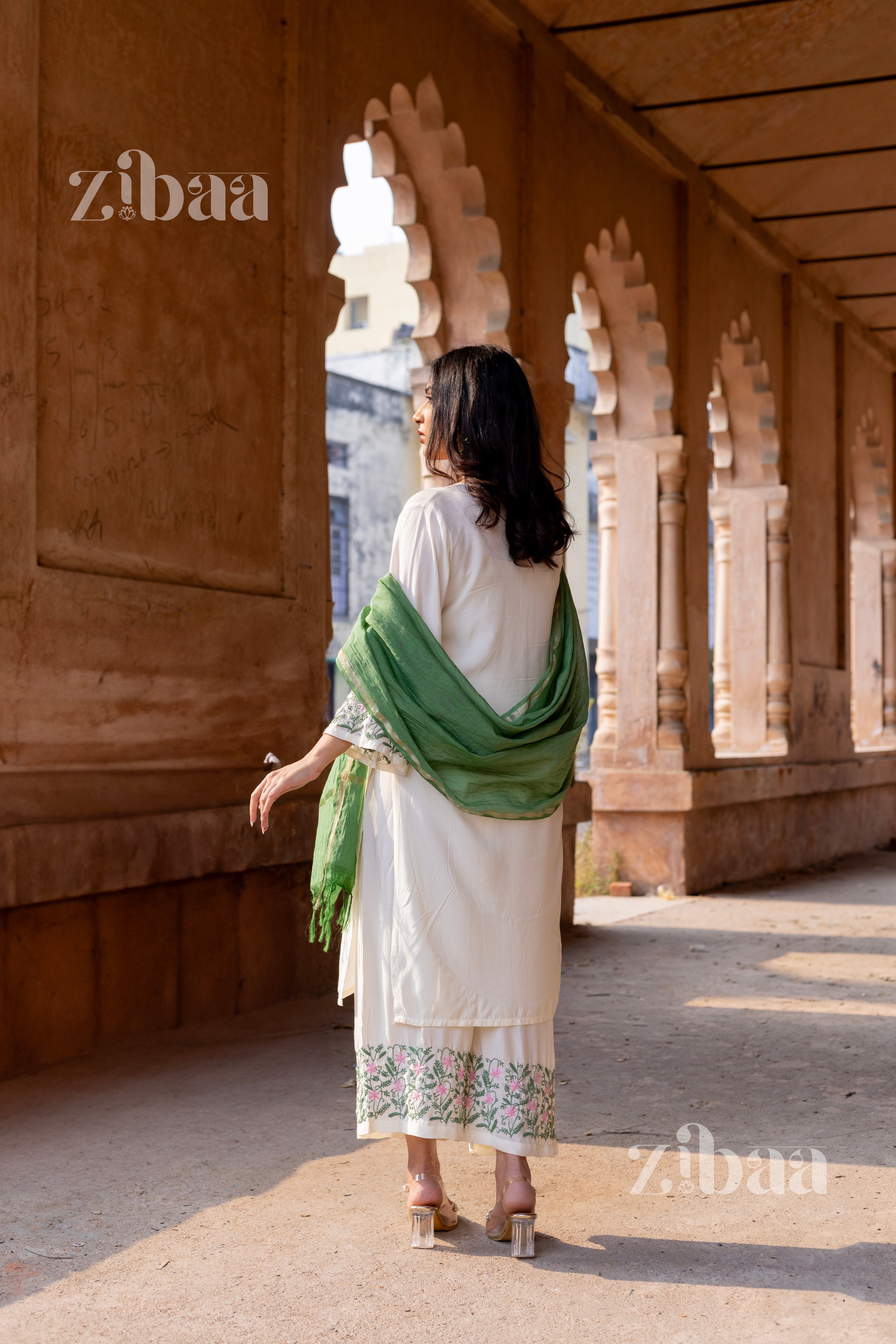 Husn Ivory Pure Muslin Chikankari Kurta Set with Mul Dupatta