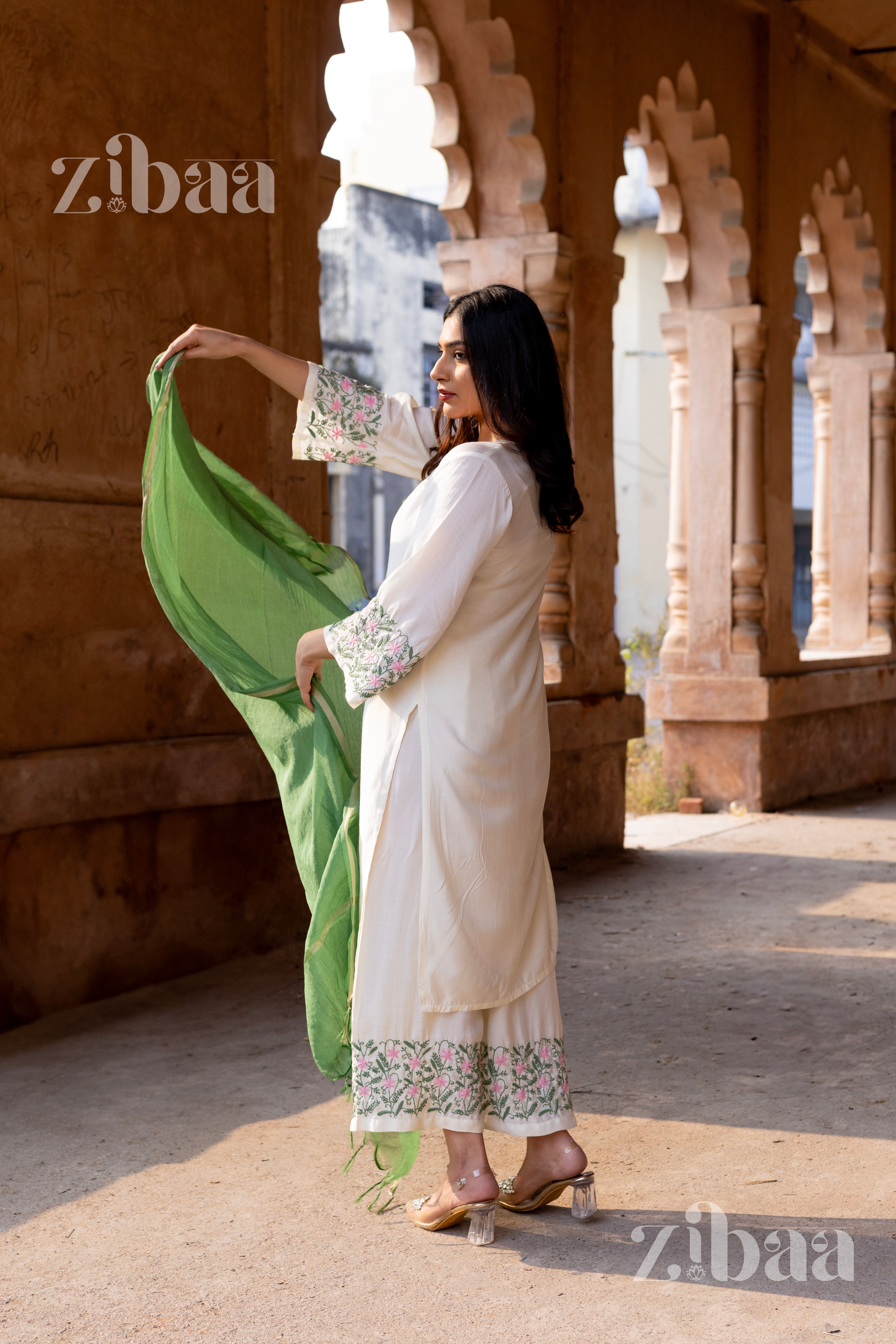 Husn Ivory Pure Muslin Chikankari Kurta Set with Mul Dupatta