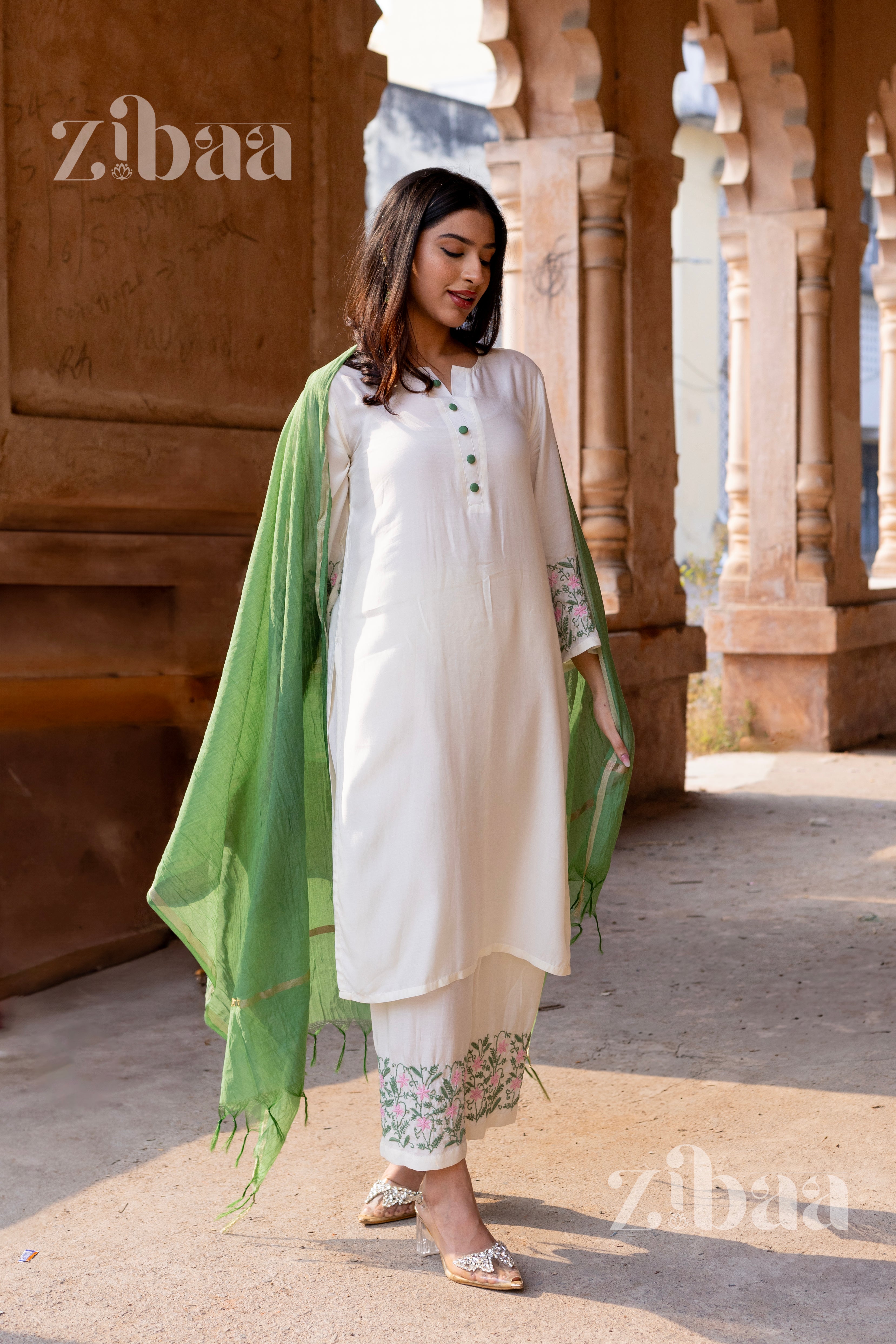 Husn Ivory Pure Muslin Chikankari Kurta Set with Mul Dupatta