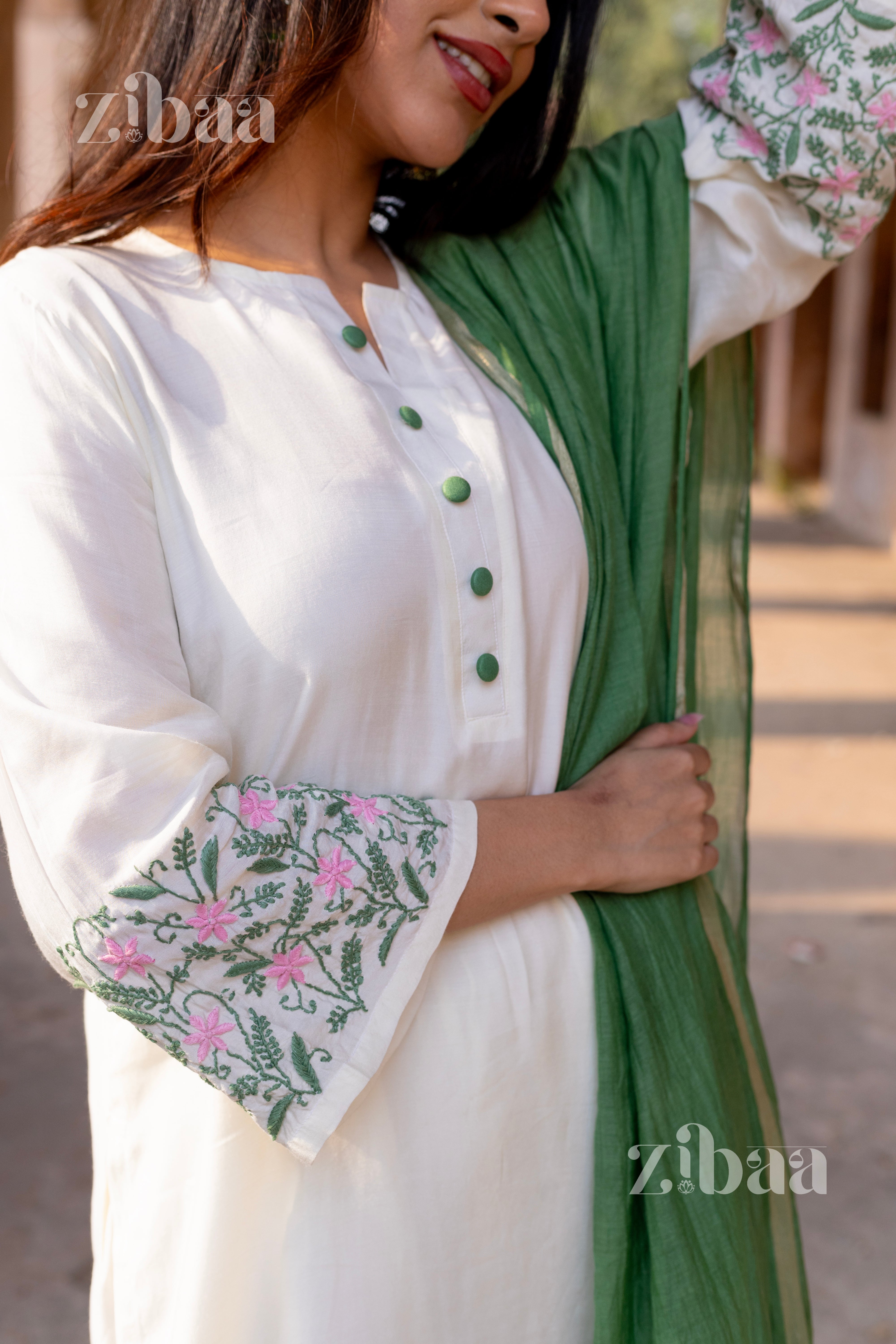 Husn Ivory Pure Muslin Chikankari Kurta Set with Mul Dupatta