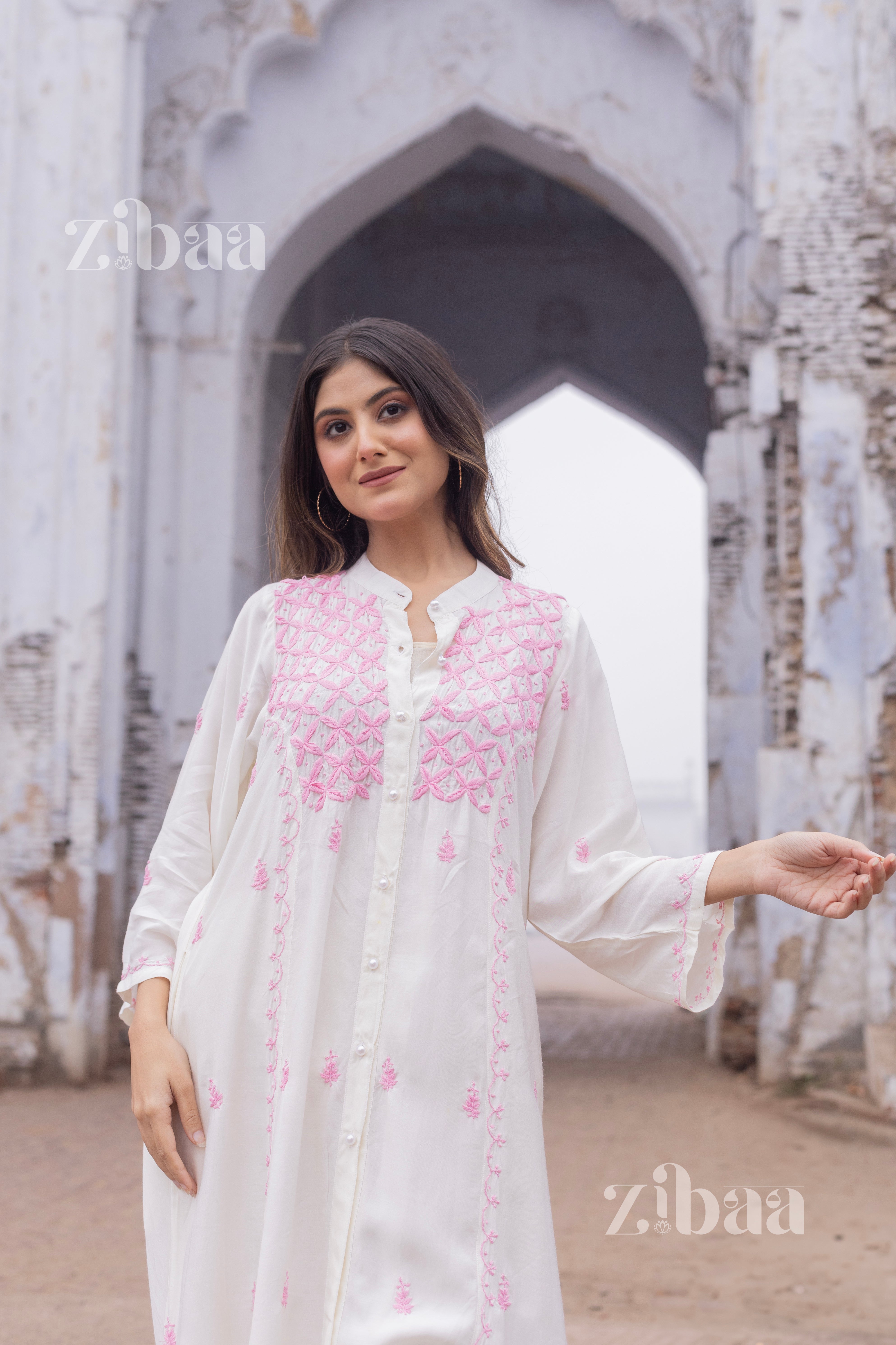 Husn Ivory Muslin Long Chikankari Kurta