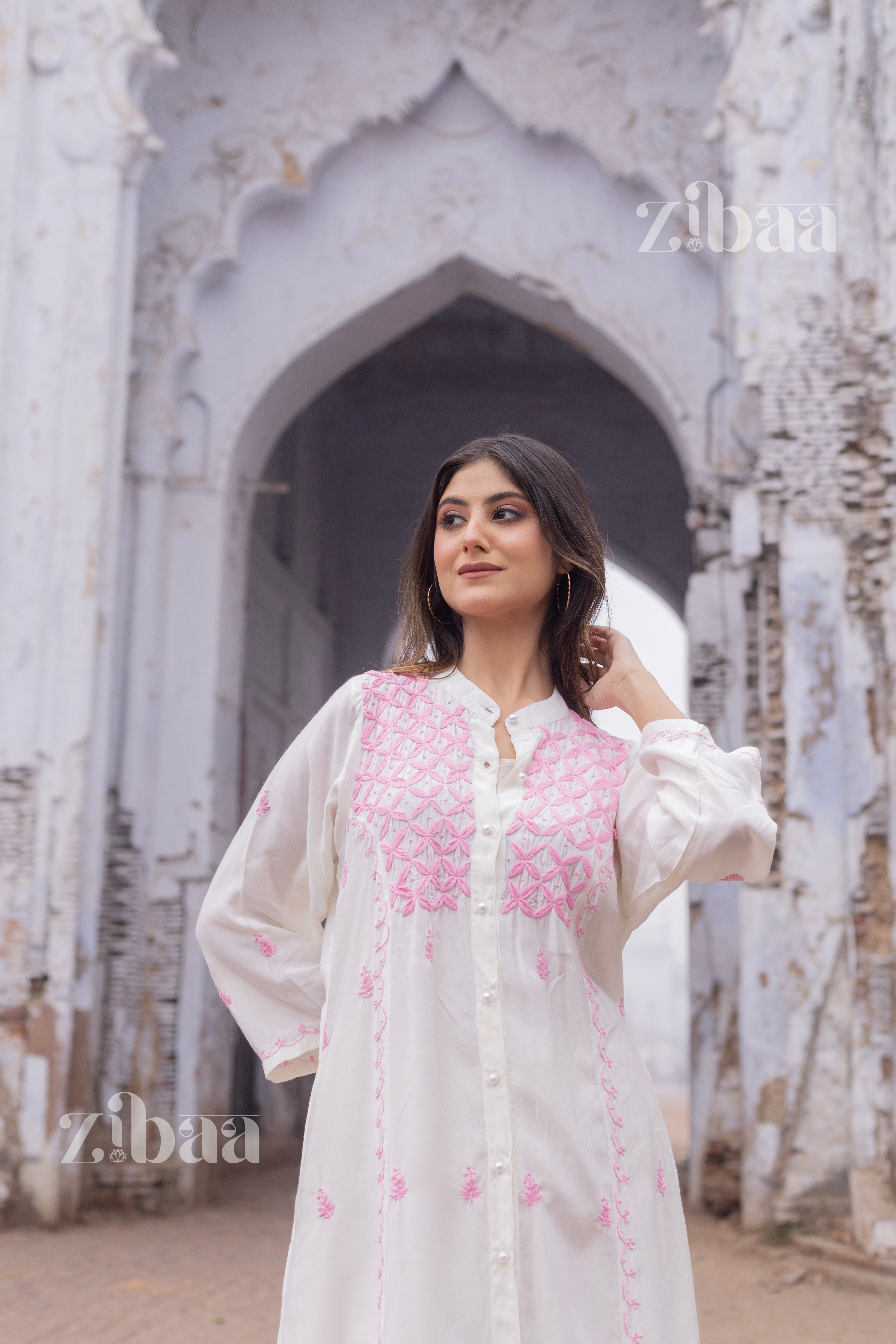 Husn Ivory Muslin Long Chikankari Kurta