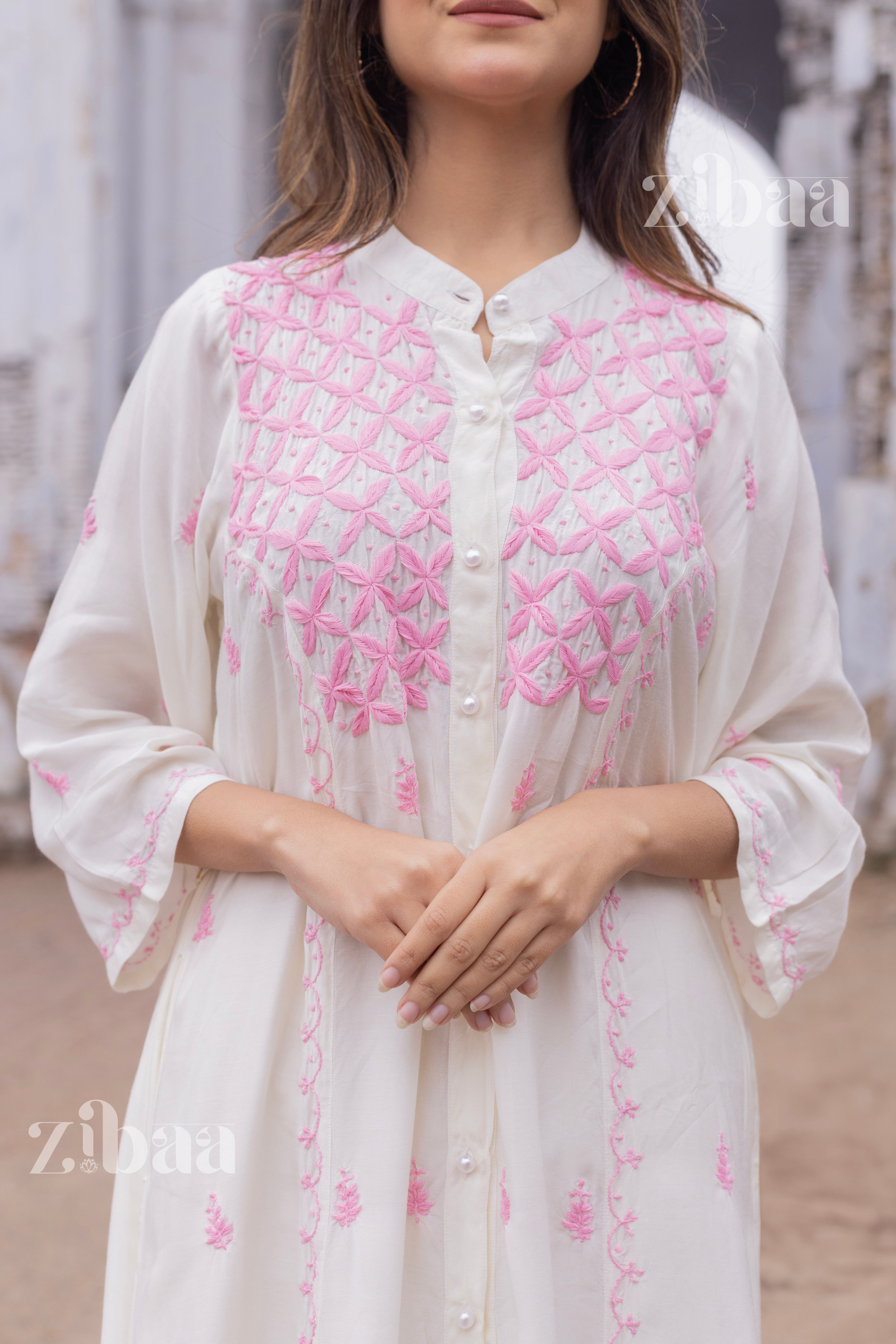 Husn Ivory Muslin Long Chikankari Kurta