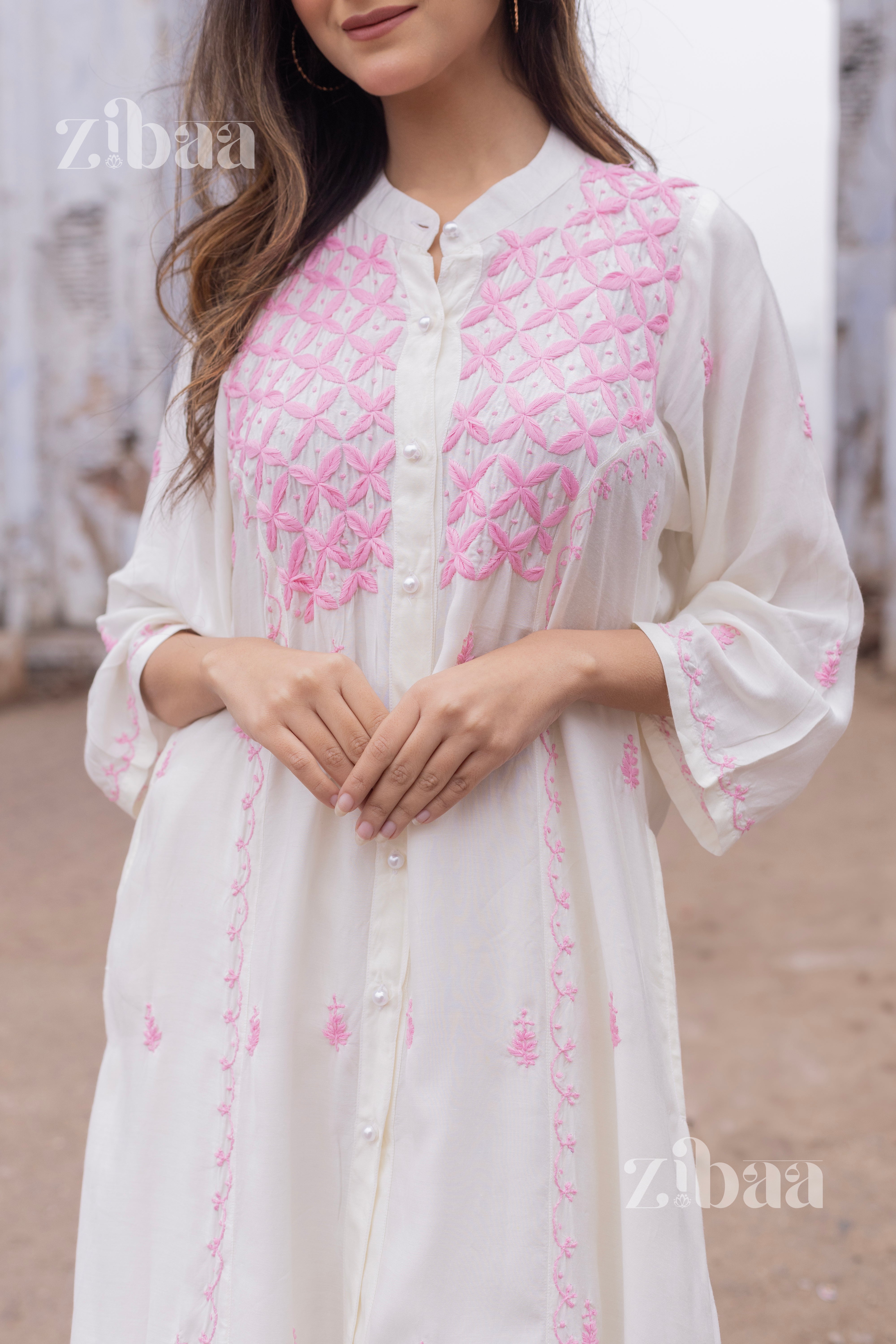 Husn Ivory Muslin Long Chikankari Kurta