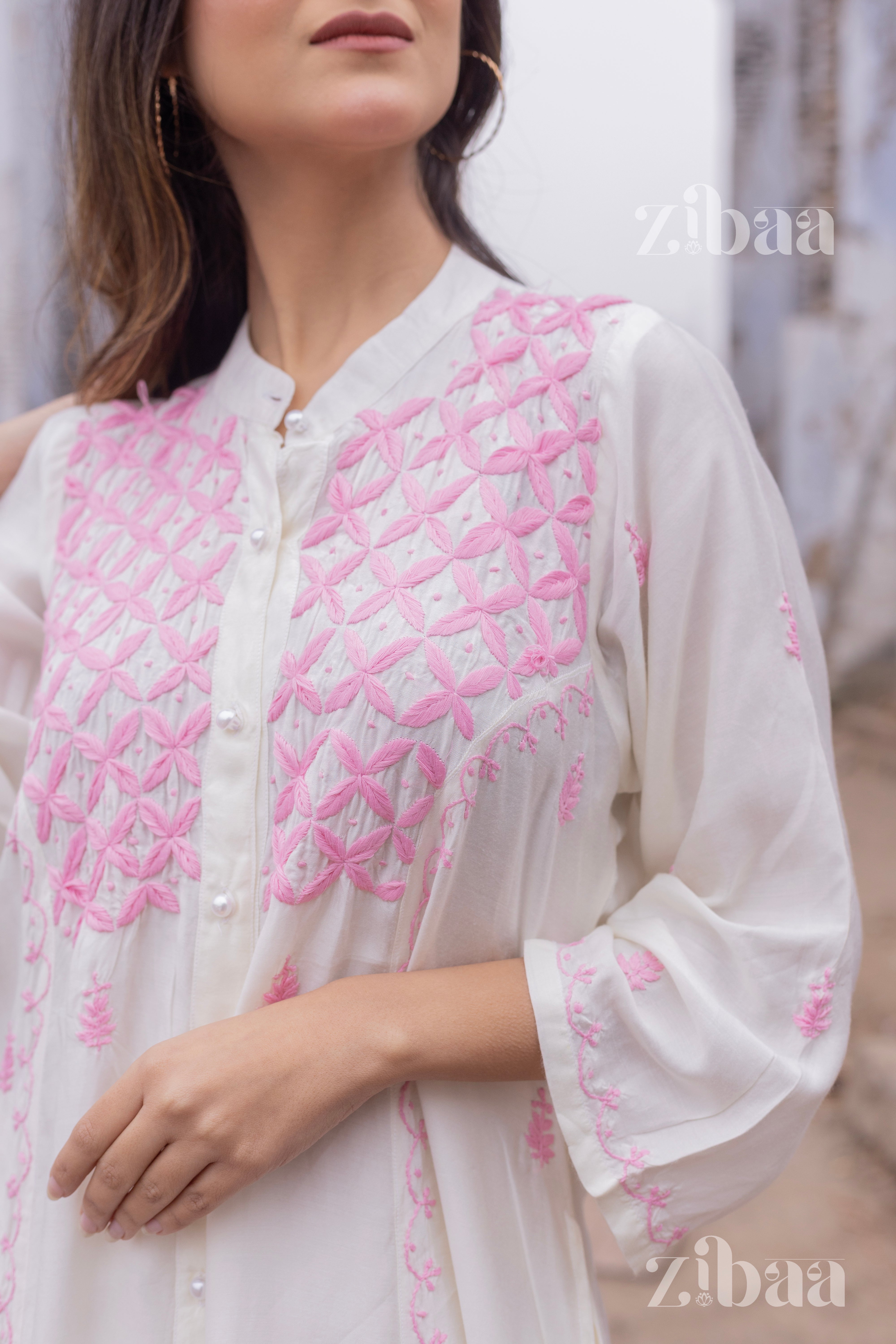 Husn Ivory Muslin Long Chikankari Kurta