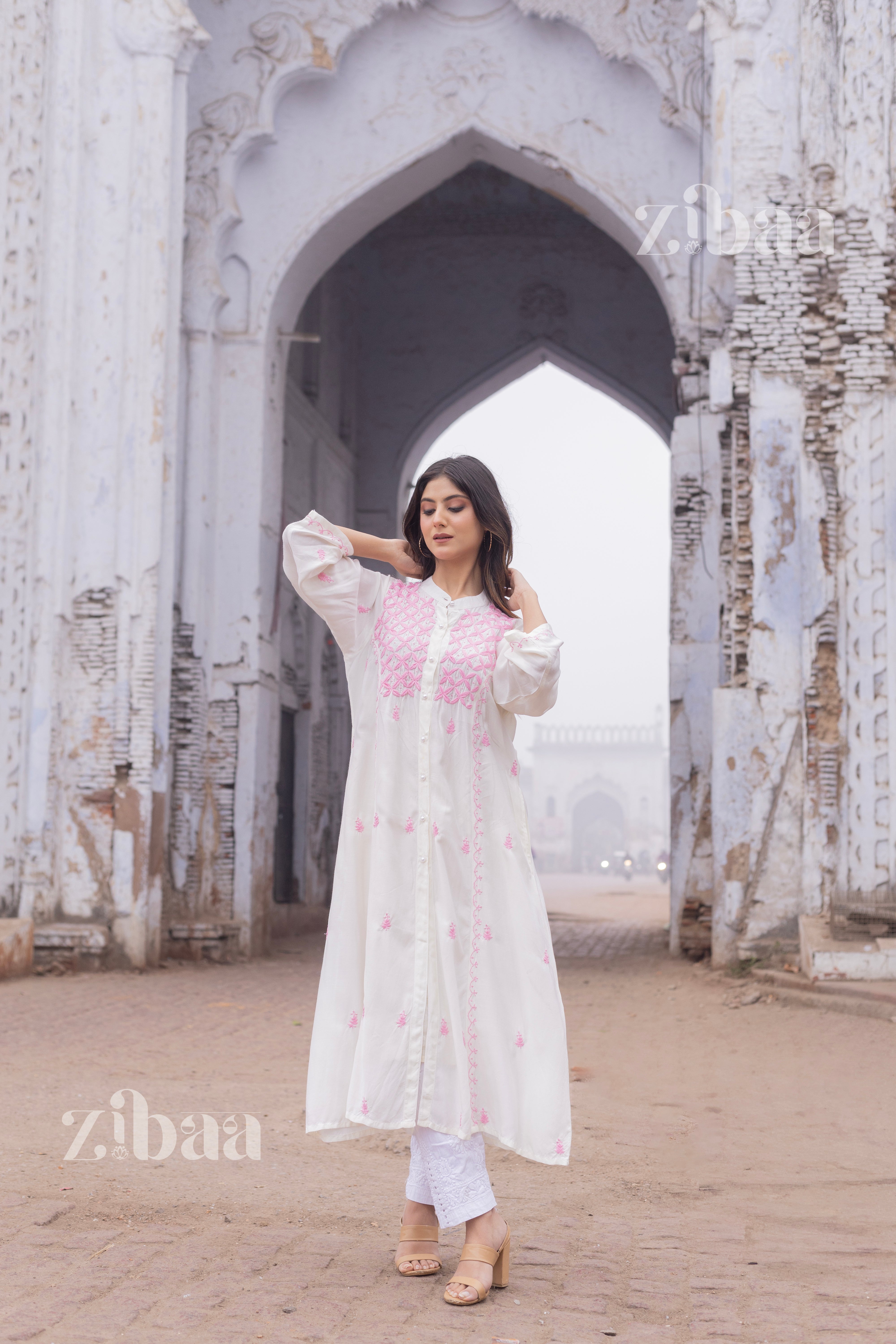 Husn Ivory Muslin Long Chikankari Kurta