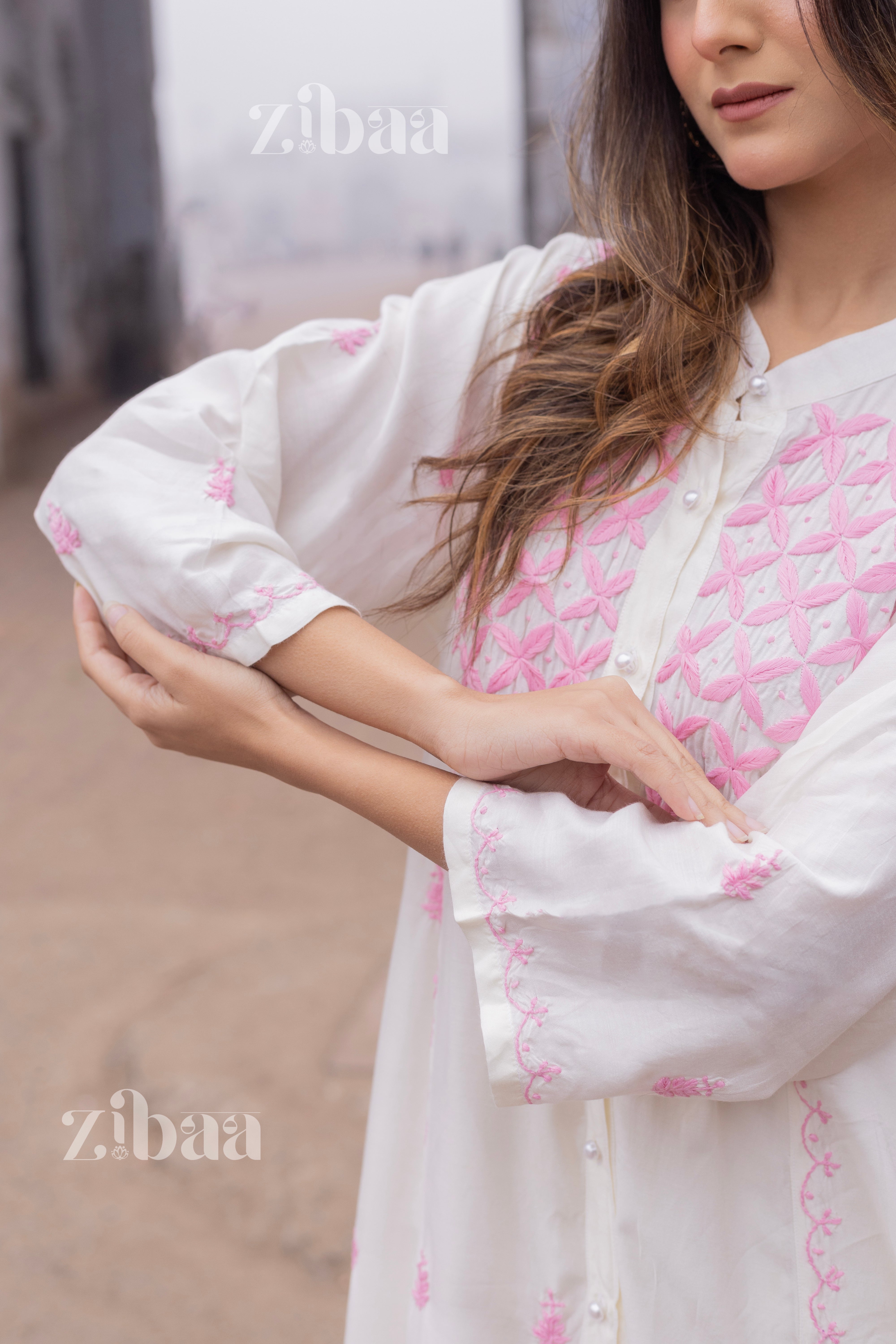 Husn Ivory Muslin Long Chikankari Kurta