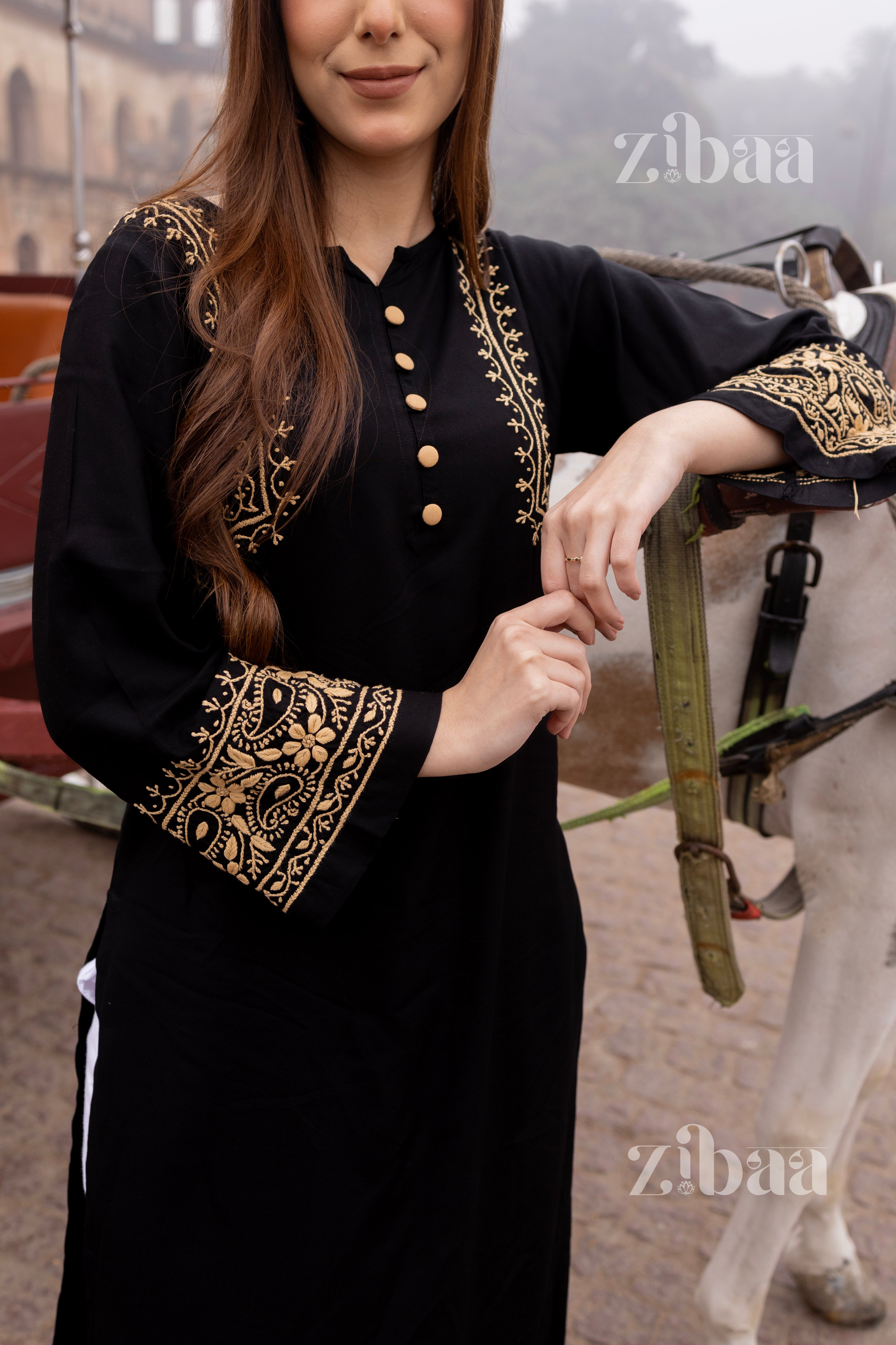 Husn Luxury Rayon Black Chikankari Kurta with Hand Jaal