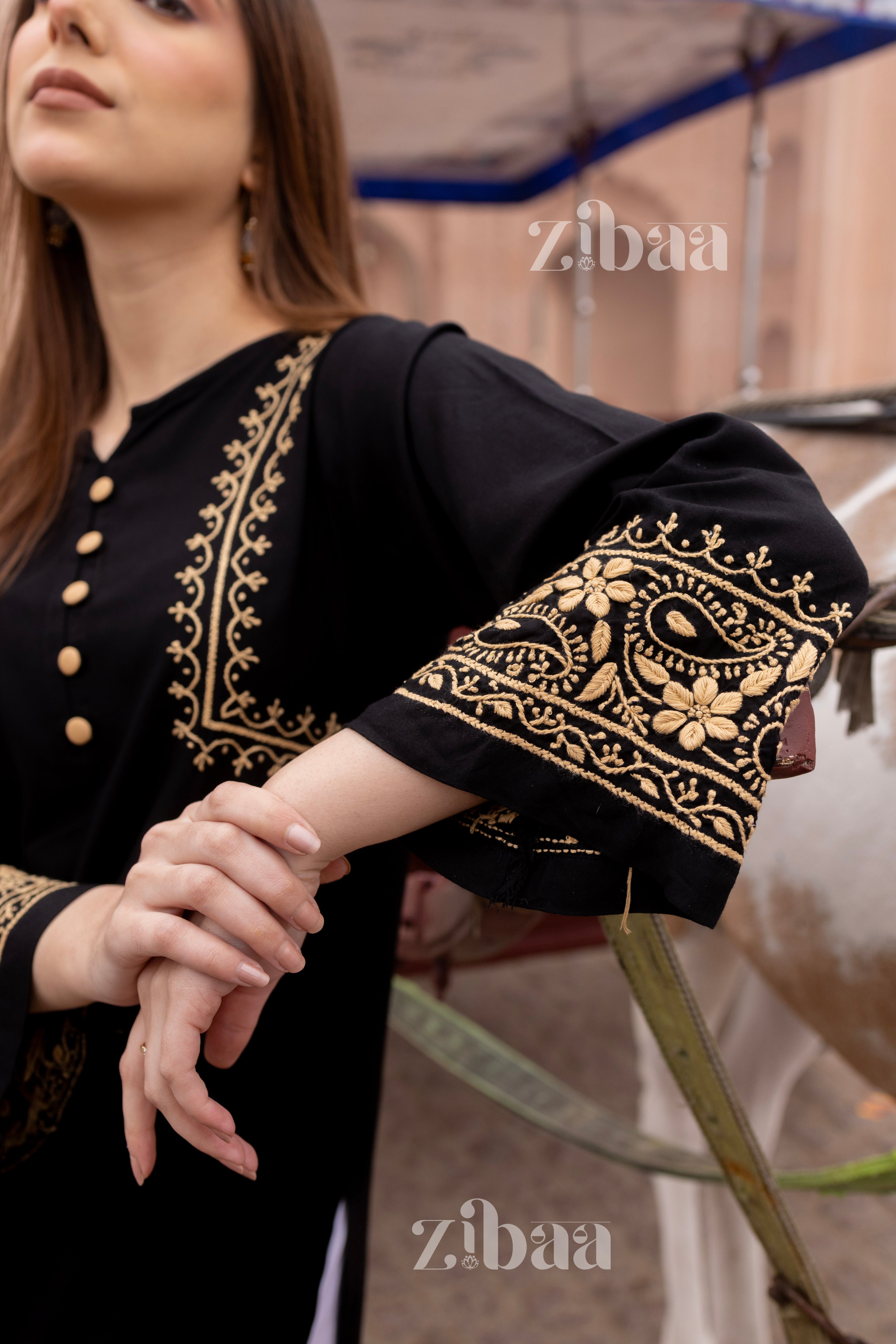 Husn Luxury Rayon Black Chikankari Kurta with Hand Jaal