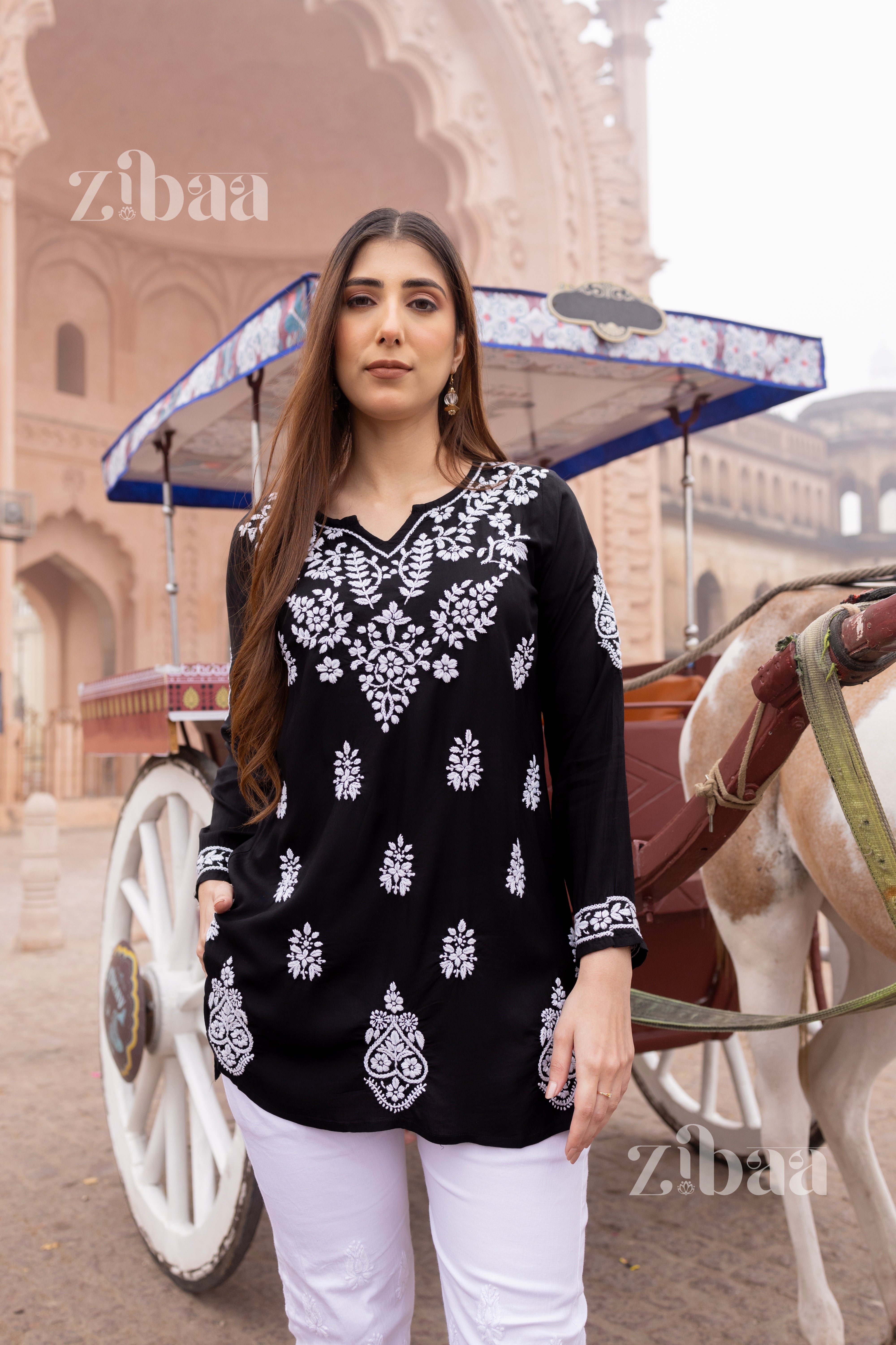 Aiyana Modal Black Short Chikankari Kurti